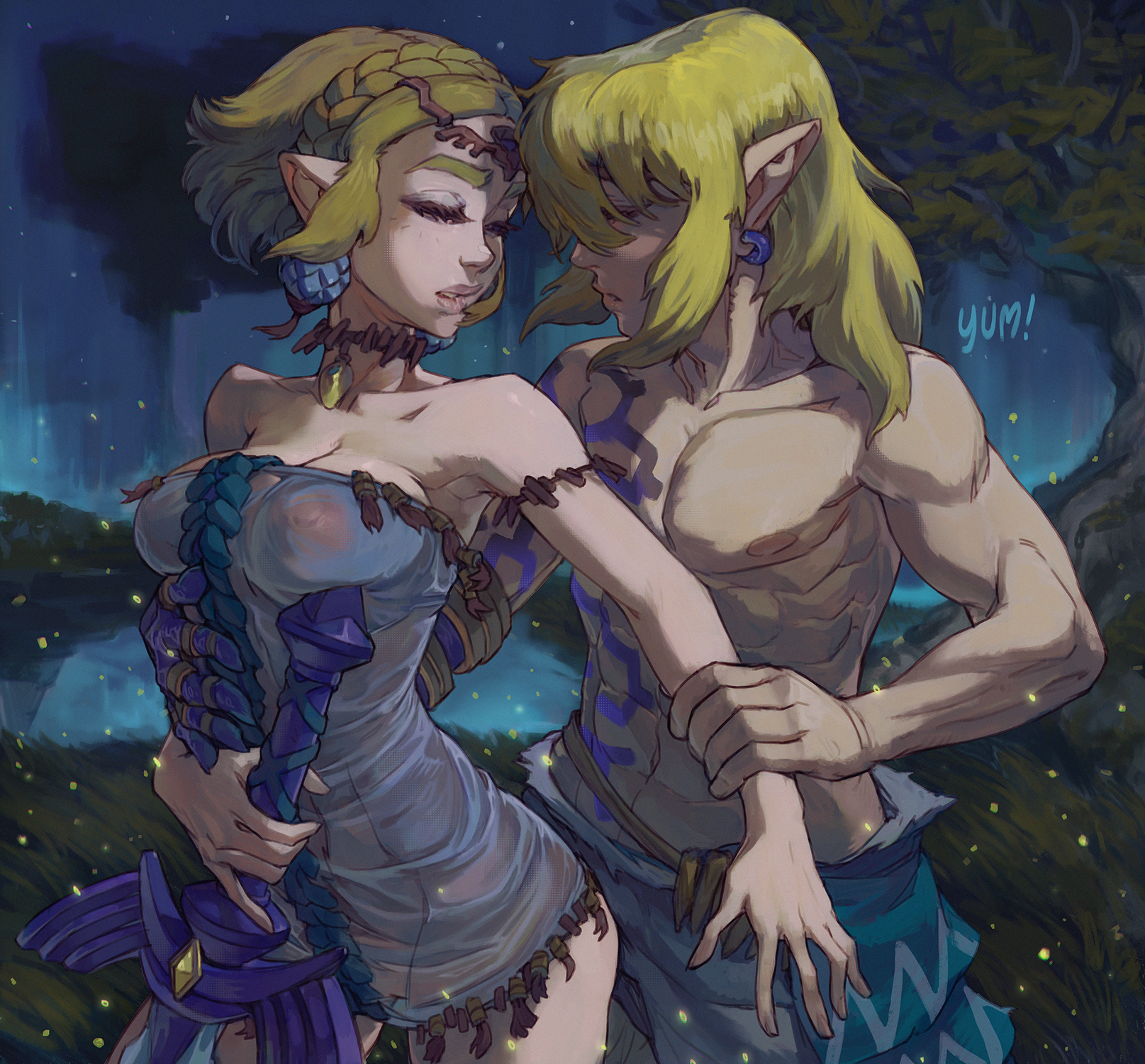 blonde hair, breasts, closed eyes, female, link, medium breasts, muscular, outside, princess zelda, see-through, tears of the kingdom, the legend of zelda, yum!, zelda (tears of the kingdom)