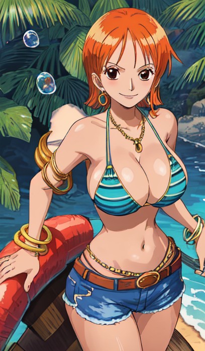 1girls ai_generated anime anime_girl big_breasts bikini_top bra female female_focus female_only nami nami_(one_piece) one_piece orange_hair_male pre-timeskip