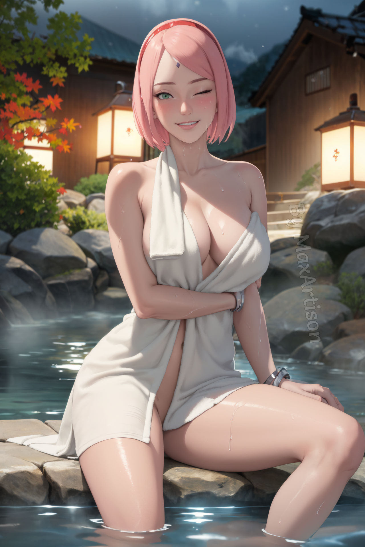 1girls, accessory, after bath, ai generated, almost naked, alternate breast size, artist name, bare legs, bare shoulders, bare thighs, barefoot, bath, bathhouse, bathrobe, big breasts, blush, boruto: naruto next generations, bracelet, breasts, cleavage, closed eyes, commentary, facial mark, female, female only, forehead mark, front view, green eyes, grin, hair ornament, holding object, holding towel, hot spring, huge breasts, jewelry, legs together, lipstick, looking at viewer, makeup, mature, mature female, maxartison, milf, mostly nude, nai diffusion, naruto, naruto (series), no bra, off shoulder, one eye closed, onsen, partially clothed, partially submerged, pink hair, robe, sakura haruno, shiny, shiny hair, shiny skin, smile, soaked, solo, solo focus, stable diffusion, text, towel, water, watermark, wet, wet body, wet skin, wink