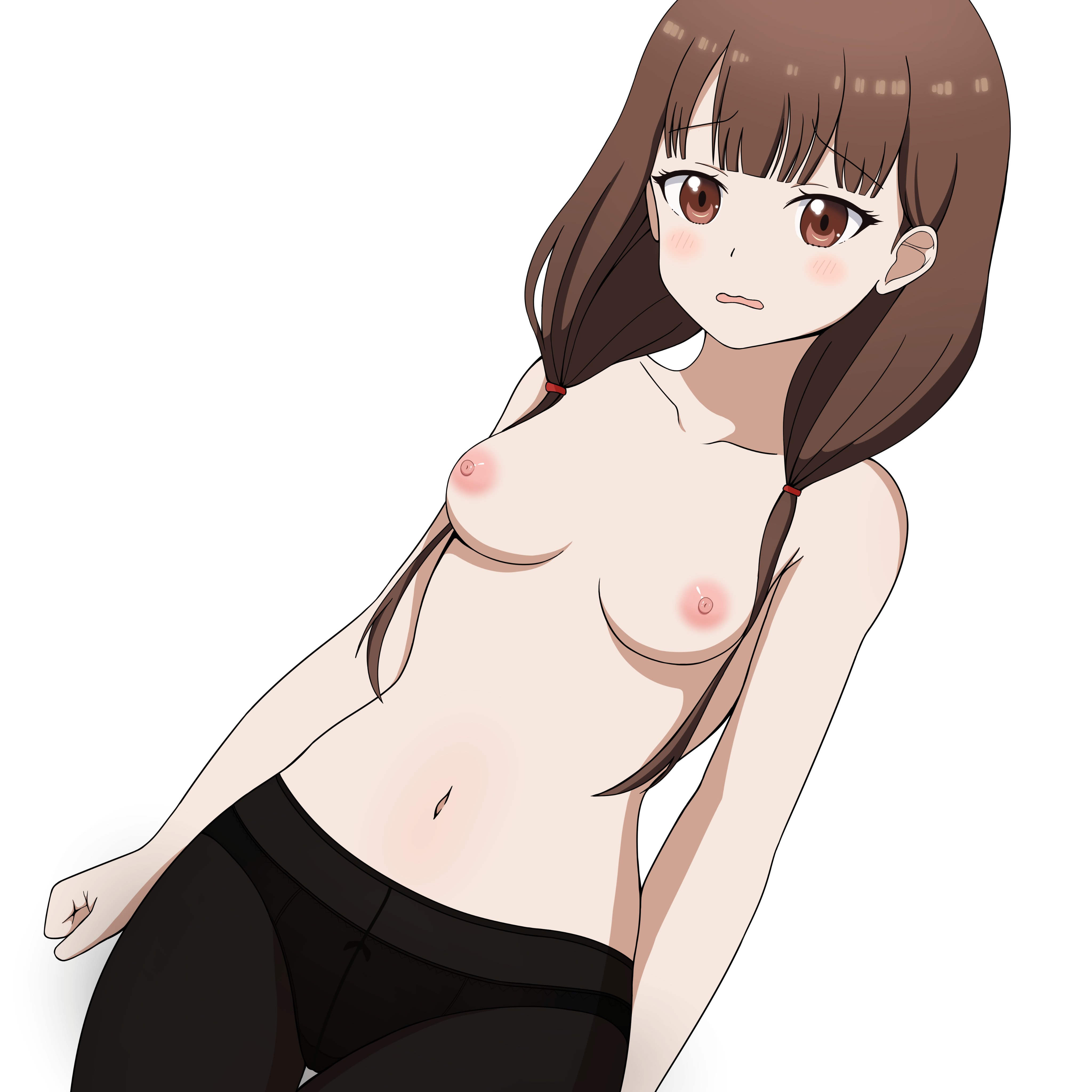 1:1, 1girls, absurd res, accurate art style, alternate version available, areolae, bangs, belly, belly button, black legwear, black panties, blush, breasts, brown eyes, brown hair, collarbone, dsuzu, embarrassed, eyebrows, eyebrows visible through hair, eyelashes, female, female only, hips, iino miko, kaguya-sama wa kokurasetai ~tensai-tachi no renai zunousen~, light skin, light-skinned female, long hair, looking at viewer, midriff, mostly nude, navel, nipples, official style, open eyes, open mouth, panties, pantyhose, partially clothed, shaded, simple background, solo, standing, thick thighs, thighs, topless, wavy mouth, white background