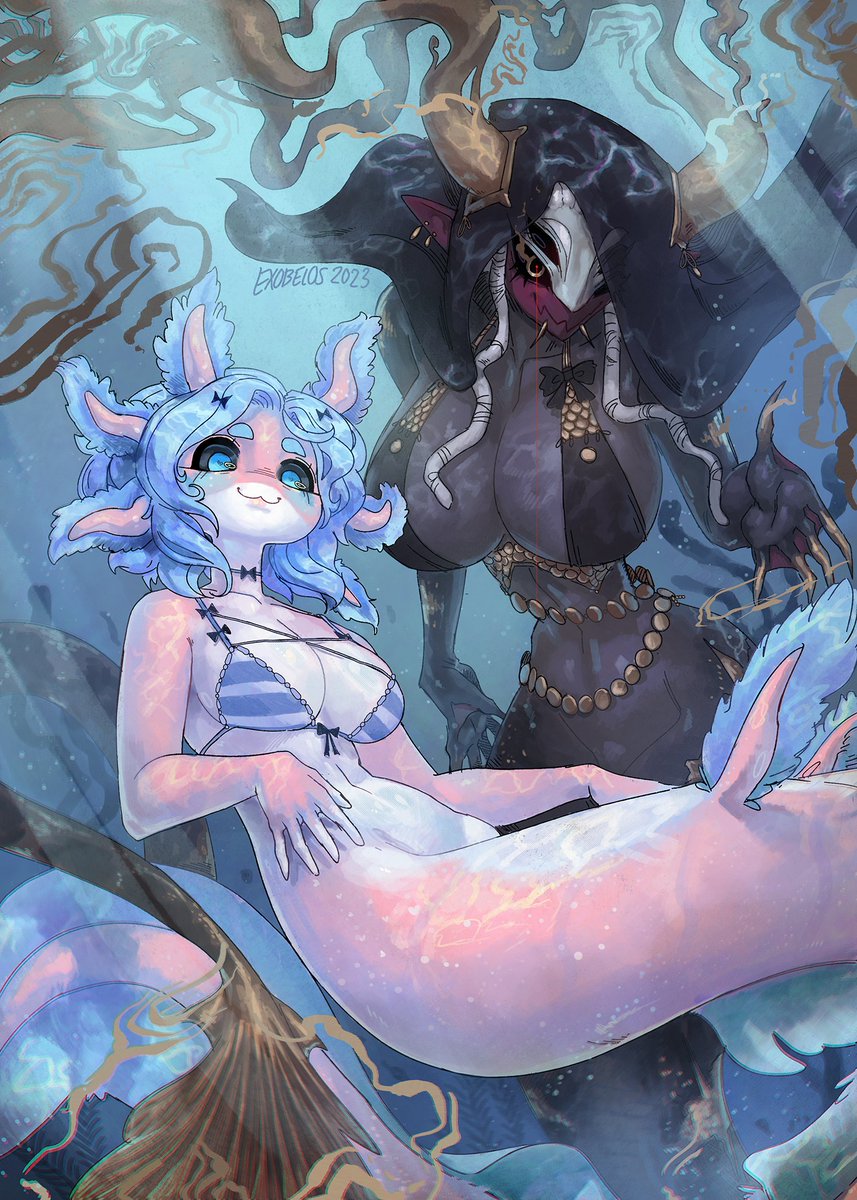 2023 anthro artist_signature axolotl black_body black_skin dark_skin exobelos horns humanoid malkah_(ahegaokami) oc pink_skin siishi_(exobelos) tail underwater water