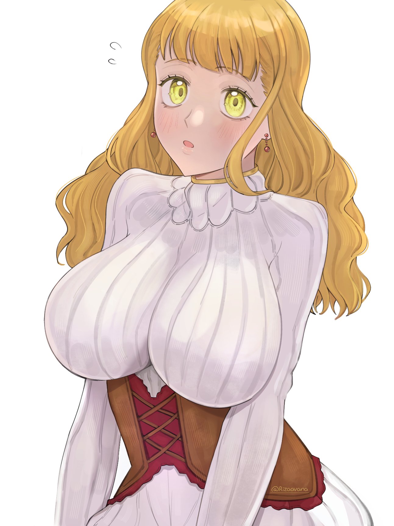 1girls, big breasts, black clover, breasts, clothed female, clothing, curly hair, female, green eyes, huge breasts, mimosa vermillion, orange hair