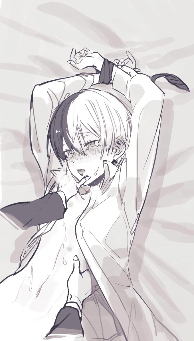 aoyagi_touya chest consensual gay_sex hands_tied hands_up nipples project_sekai shirt_open tie tied_up