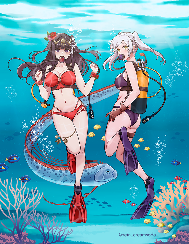 2girls alternate_costume ass big_ass bikini black_eyes black_hair blunt_bangs braid breasts brown_gloves bubble circlet cleavage commentary commission english_commentary female female_only fire_emblem fire_emblem_awakening fire_emblem_heroes fish flower french_braid full_body gloves hair_flower hair_ornament large_breasts long_hair looking_at_viewer medium_breasts multiple_girls navel nintendo official_alternate_costume oxygen_mask oxygen_tank purple_bikini purple_swimsuit red_bikini red_flower red_swimsuit rein_creamsoda robin_(female)_(summer)_(fire_emblem) robin_(fire_emblem) robin_(fire_emblem)_(female) scuba scuba_gear scuba_tank stomach swept_bangs swimming_fins swimsuit tharja_(fire_emblem) tharja_(summer)_(fire_emblem) twintails twitter_username two_side_up underwater water yellow_eyes