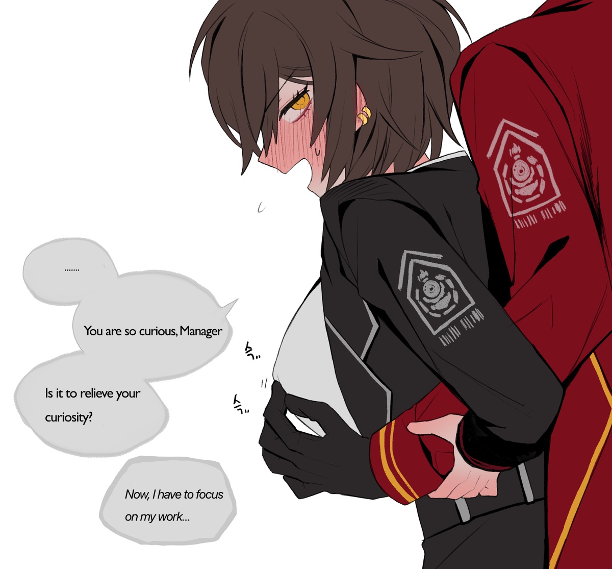 1boy, 1girls, ambiguous gender, blush, breast grab, breasts, clothed, dante (limbus company), embarrassed, female, fondling, grabbing from behind, large breasts, limbus company, male, menodow390, outis (limbus company), project moon, sitting, sitting on person, through clothes, tomboy