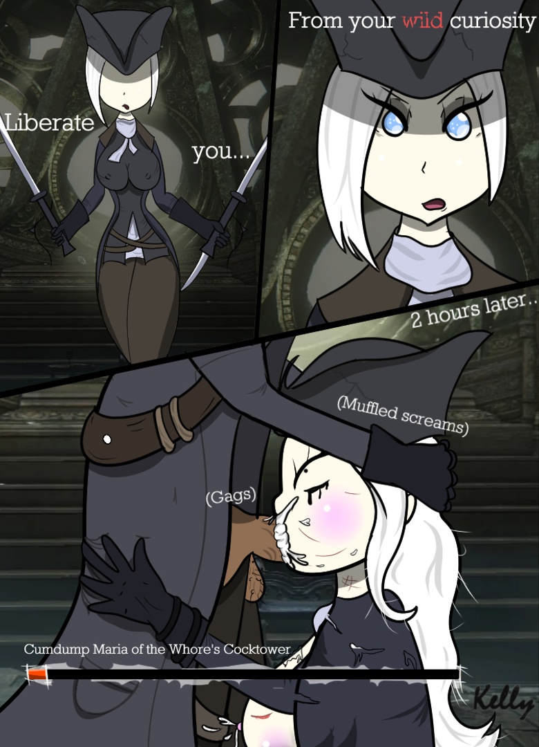 1boy, before and after, bloodborne, blue eyes, breasts, caption, cum, cum in mouth, deepthroat, defeat, defeated, edited, exposed breasts, fellatio, female, forced, forced oral, fromsoftware, gagging, health bar, hunter (bloodborne), kellypete, lady maria of the astral clocktower, male, mascara, mascara tears, messy hair, nipple bulge, oral, pale skin, platinum blonde hair, purpleskylight, rape, runny makeup, runny mascara, screaming, straight, text, wide eyed, wide-eyed