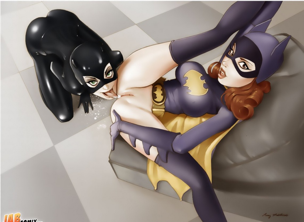 2girls, all fours, amy matthews, anilingus, barbara gordon, batgirl, batman (series), belt, bodysuit, bottomless, breasts, brown eyes, cape, catwoman, chair, clothed, dc, dc comics, female, female only, from above, green eyes, hair, human, indoors, jab, kneeling, large breasts, latex, leg lift, long hair, looking at viewer, looking up, mask, milk, multiple females, multiple girls, nipples, open mouth, oral, orange hair, pussy, rimjob, rimming, selina kyle, shiny, shiny clothes, skin tight, spread eagle, spread legs, tongue, tongue out, yuri