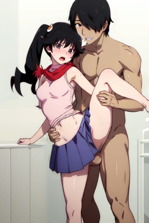 1boy 1girls ai_generated airest araragi_karen araragi_koyomi bathroom bathroom_sex blue_skirt blush brother_and_sister caught caught_in_the_act incest looking_at_viewer medium_breasts monogatari_(series) muscular_male nude_male_clothed_female pleated_skirt sex siblings simple_background smile stable_diffusion standing_on_one_leg standing_sex standing_split vaginal_penetration