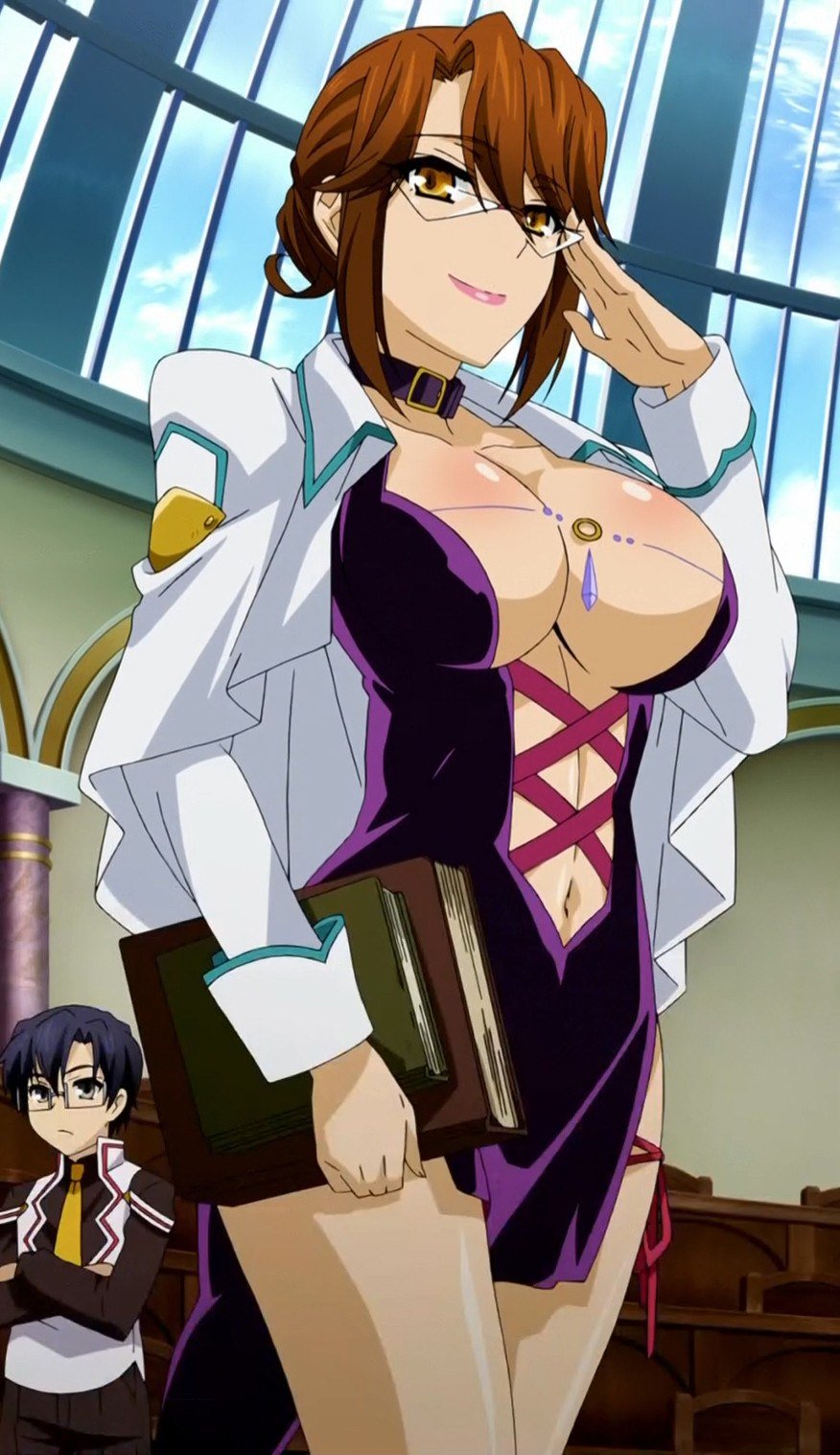 angela_cornwell big_breasts breasts brown_eyes brown_hair cleavage dragonar_academy female_focus glasses huge_breasts screencap screenshot seikoku_no_dragonar