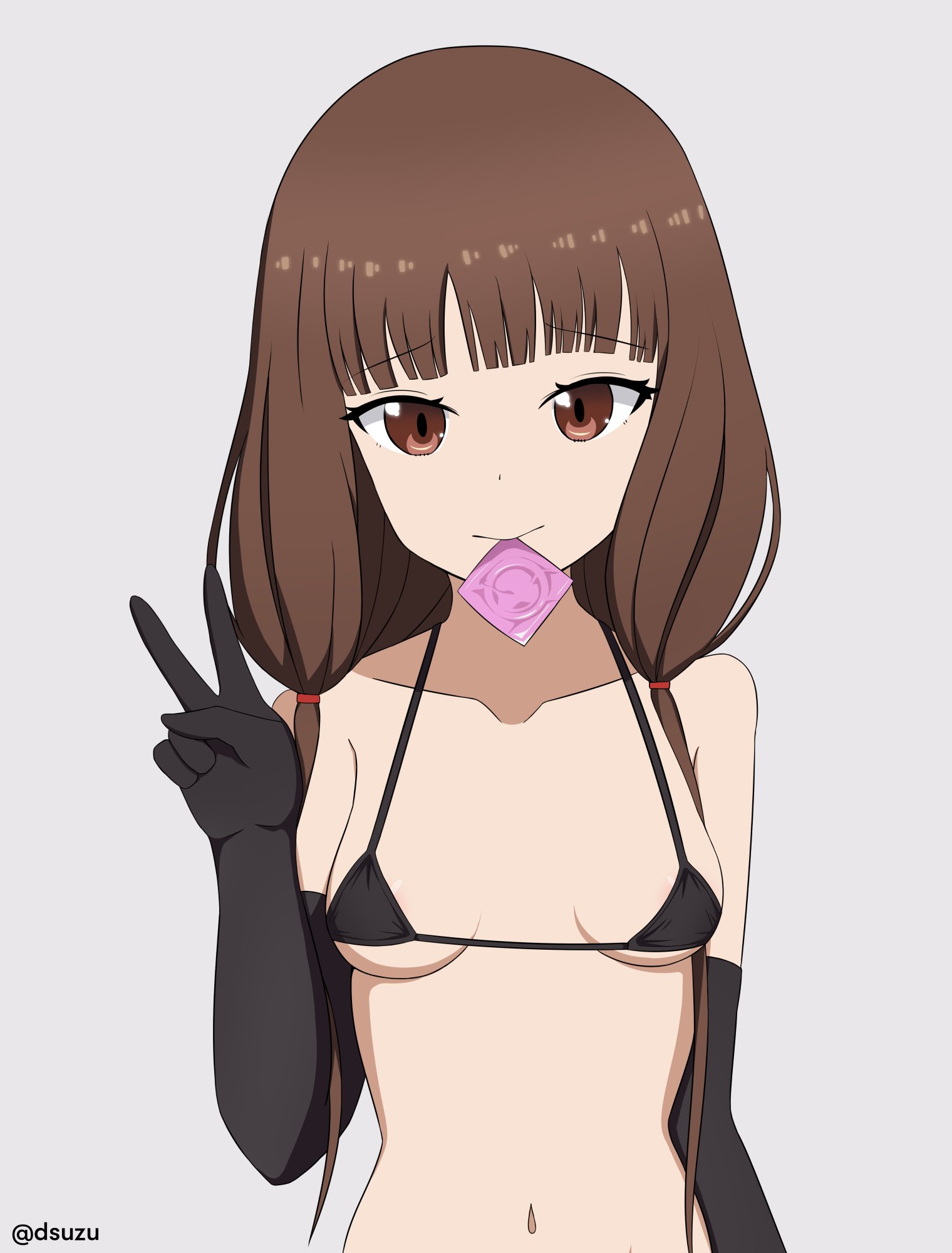 1girls, accurate art style, alternate version available, armwear, bangs, belly, belly button, bikini, black bikini, black gloves, breasts, brown eyes, brown hair, closed mouth, collarbone, condom, dsuzu, elbow gloves, eyebrows, eyebrows visible through hair, eyelashes, female, female only, gloves, hi res, hips, iino miko, kaguya-sama wa kokurasetai ~tensai-tachi no renai zunousen~, light skin, light-skinned female, long hair, looking at viewer, micro bikini, midriff, navel, official style, open eyes, peace sign, shaded, simple background, solo, solo female, underboob, v sign, white background