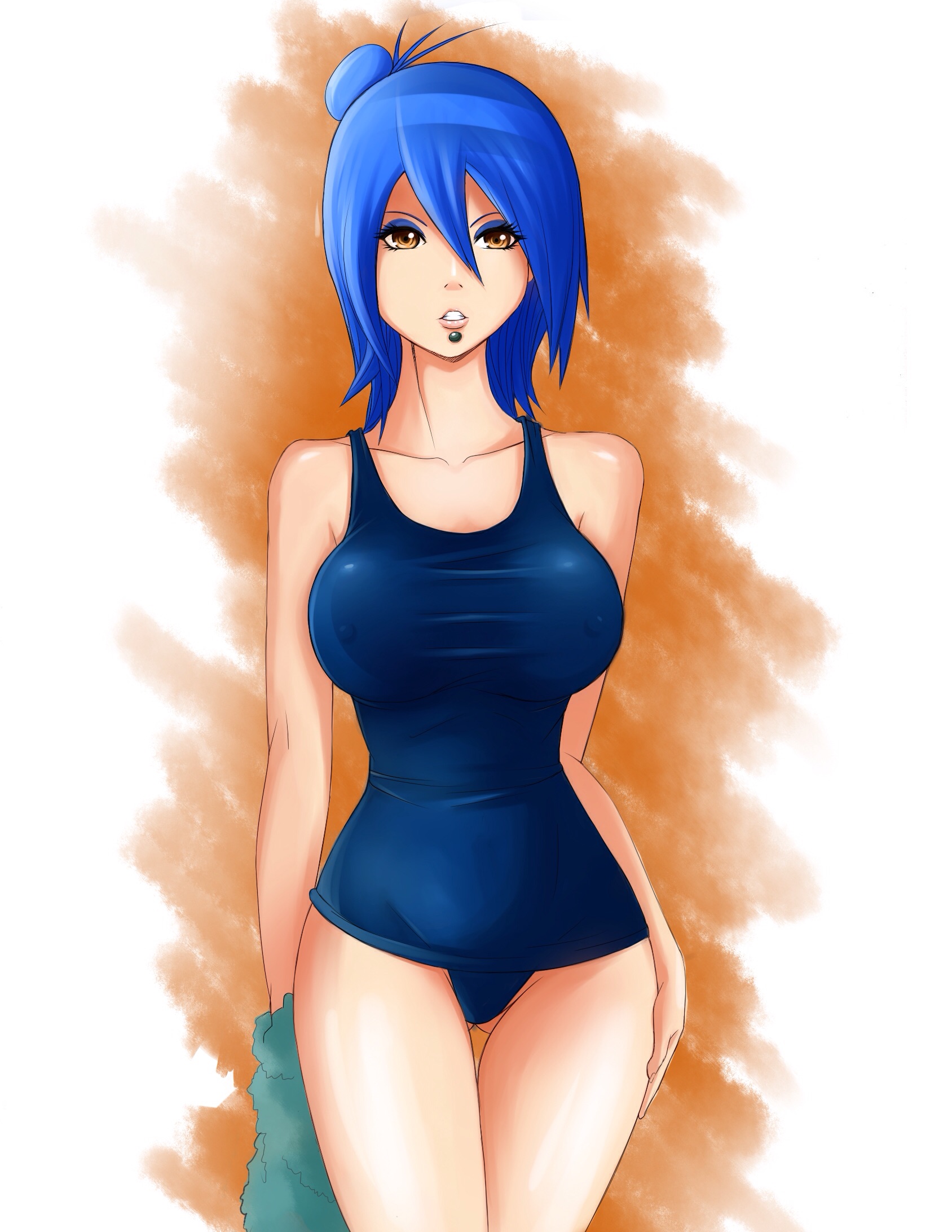 big breasts, blue hair, breasts, brown eyes, evildei, female, konan, looking at viewer, naruto, naruto (series), one-piece swimsuit, swimsuit, towel
