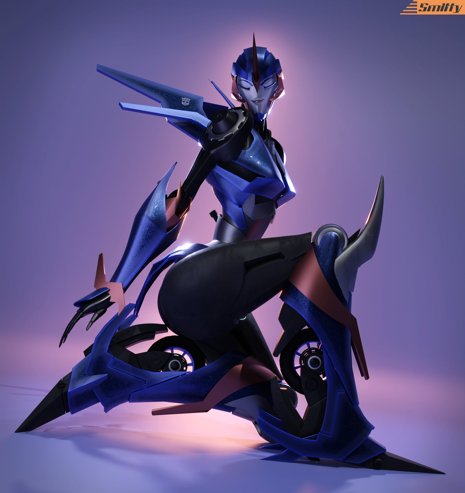 1girls, 3d, 3d (artwork), arcee, arcee (prime), artist name, ass, autobot, autobot insignia, big ass, curvaceous, curvy, curvy figure, cybertronian, digital media (artwork), eyes closed, female, female autobots, female only, fembot, gynoid, hairless, hasbro, hips, humanoid, kneeling, mechanical, metallic body, robot, robot girl, robot humanoid, slim, slim waist, smitty34, solo, thick thighs, transformers, transformers prime
