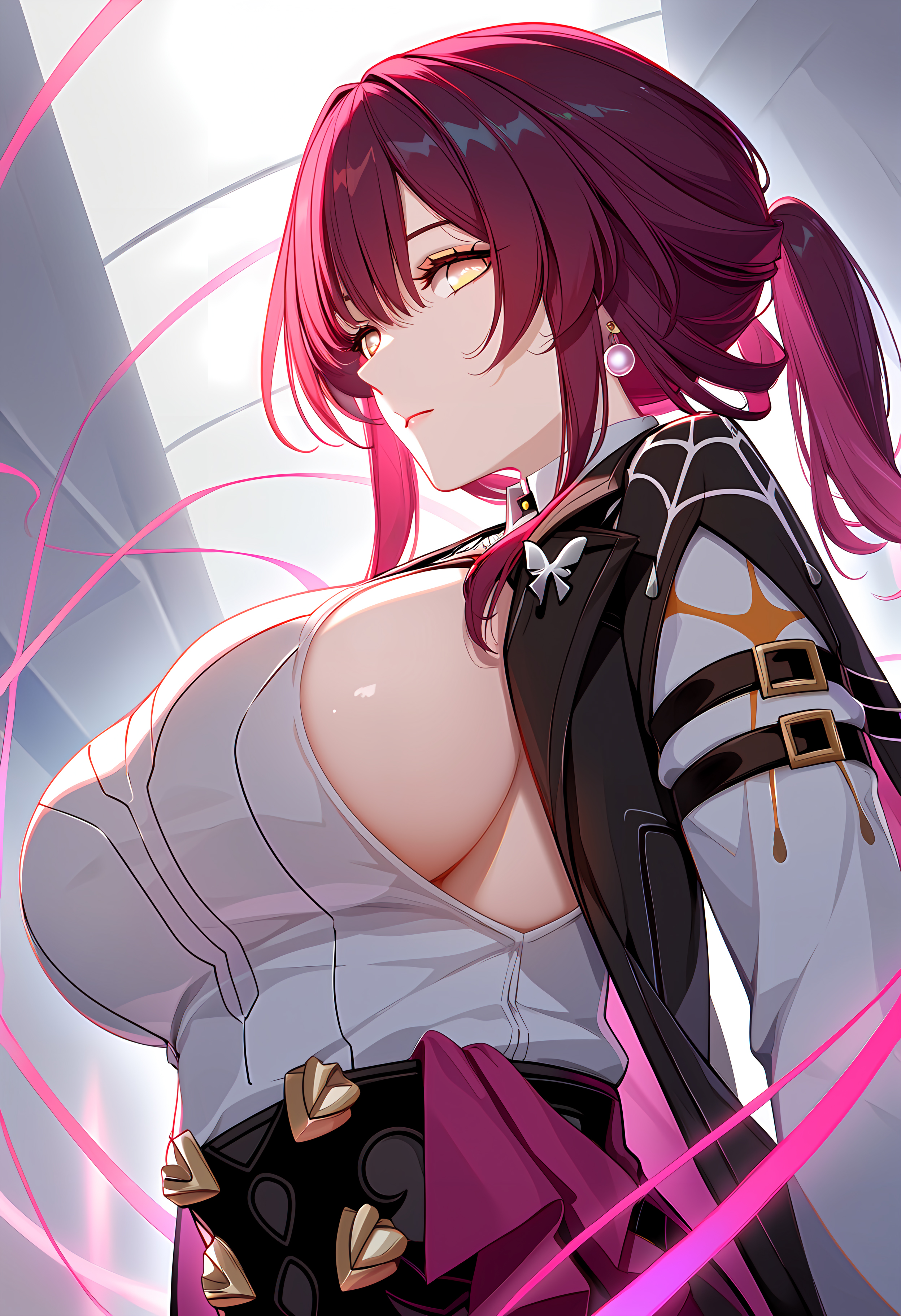 ai generated, big breasts, breasts, brown eyes, earrings, female, glowing eyes, honkai: star rail, hoyoverse, kafka (honkai: star rail), límíng zhī xià, long hair, long sleeves, looking at viewer, pixiv, portrait, purple hair, sideboob, slim waist, tied hair, viewed from below