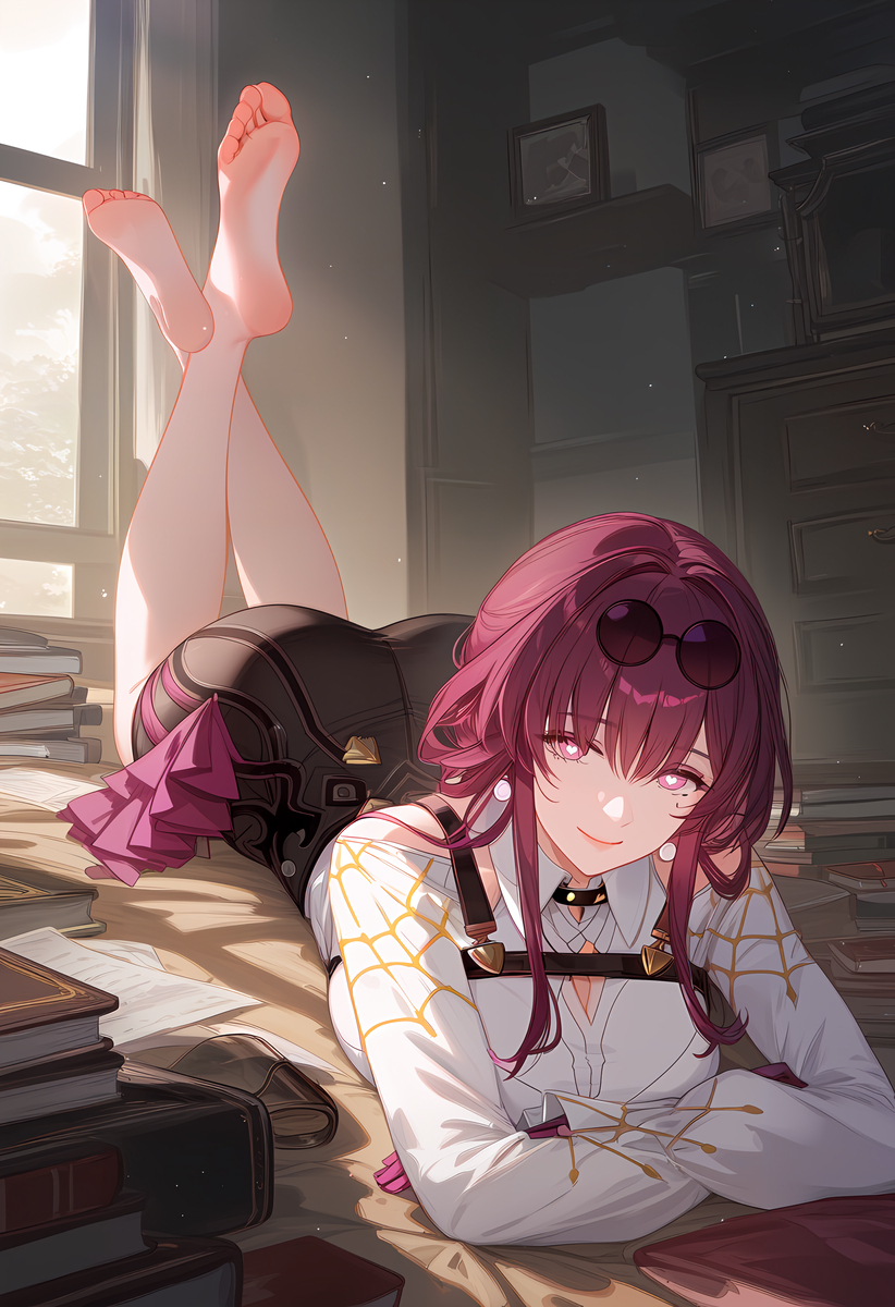 ai generated, ass, bare legs, barefoot, big ass, big breasts, breasts, earrings, feet, feet up, female, gloves, glowing eyes, honkai: star rail, hoyoverse, kafka (honkai: star rail), límíng zhī xià, legs up, long hair, long sleeves, looking at viewer, lying down, lying on stomach, pixiv, shorts, slim waist, smiling at viewer, soles, wide hips