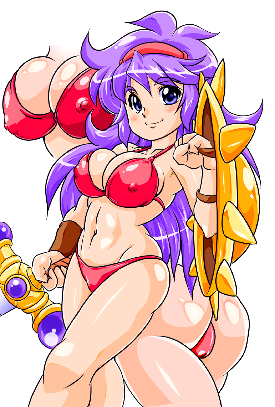 1girls ass athena_(series) big_ass bikini blue_eyes breast_focus breasts cleavage close-up covered_erect_nipples curvy erect_nipples_under_clothes fat_ass gladiator_sandals highres large_breasts legs long_hair navel princess_athena purple_hair red_bikini sensual smile snk solo swimsuit sword thick_thighs thighs thong_bikini toned voluptuous weapon