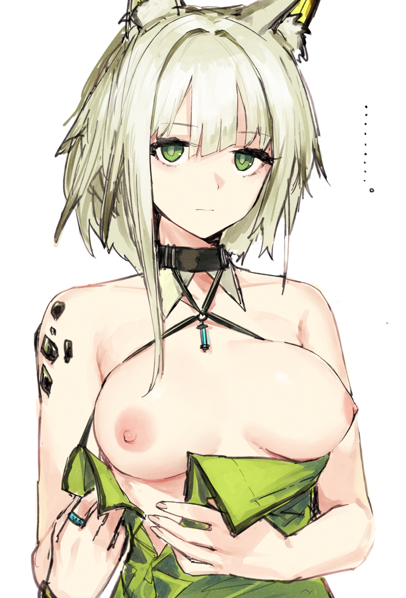 ... animal_ear_fluff animal_ears arknights bare_shoulders black_choker breasts cat_ears cat_girl choker closed_mouth dress dressing female green_dress green_eyes kal'tsit_(arknights) looking_at_viewer medium_breasts nipples oripathy_lesion_(arknights) poppoco_ya simple_background single_sidelock solo upper_body white_background