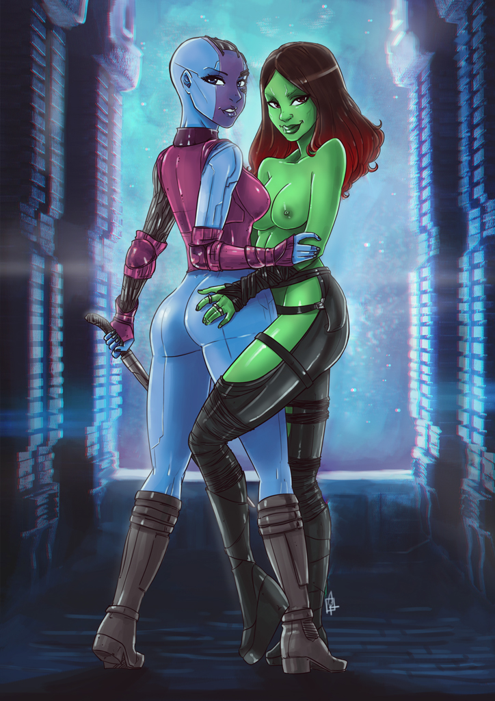 2d 2girls alien alien_girl alien_look_like_human artz ass ass_grab bald bald_female big_breasts blue-skinned_female blue_eyes blue_skin boots bottomless bottomless_female breasts chaps cyborg elbow_pads female female_only gamora green-skinned_female green_skin guardians_of_the_galaxy guardians_of_the_galaxy_(2014) humanoid humanoid_on_humanoid interspecies interspecies_yuri long_hair looking_back marvel marvel_cinematic_universe multiple_girls nebula_(marvel) nipples pose red_eyes red_hair ring smile standing step-incest stepsister sword tiptoes topless topless_female weapon yuri