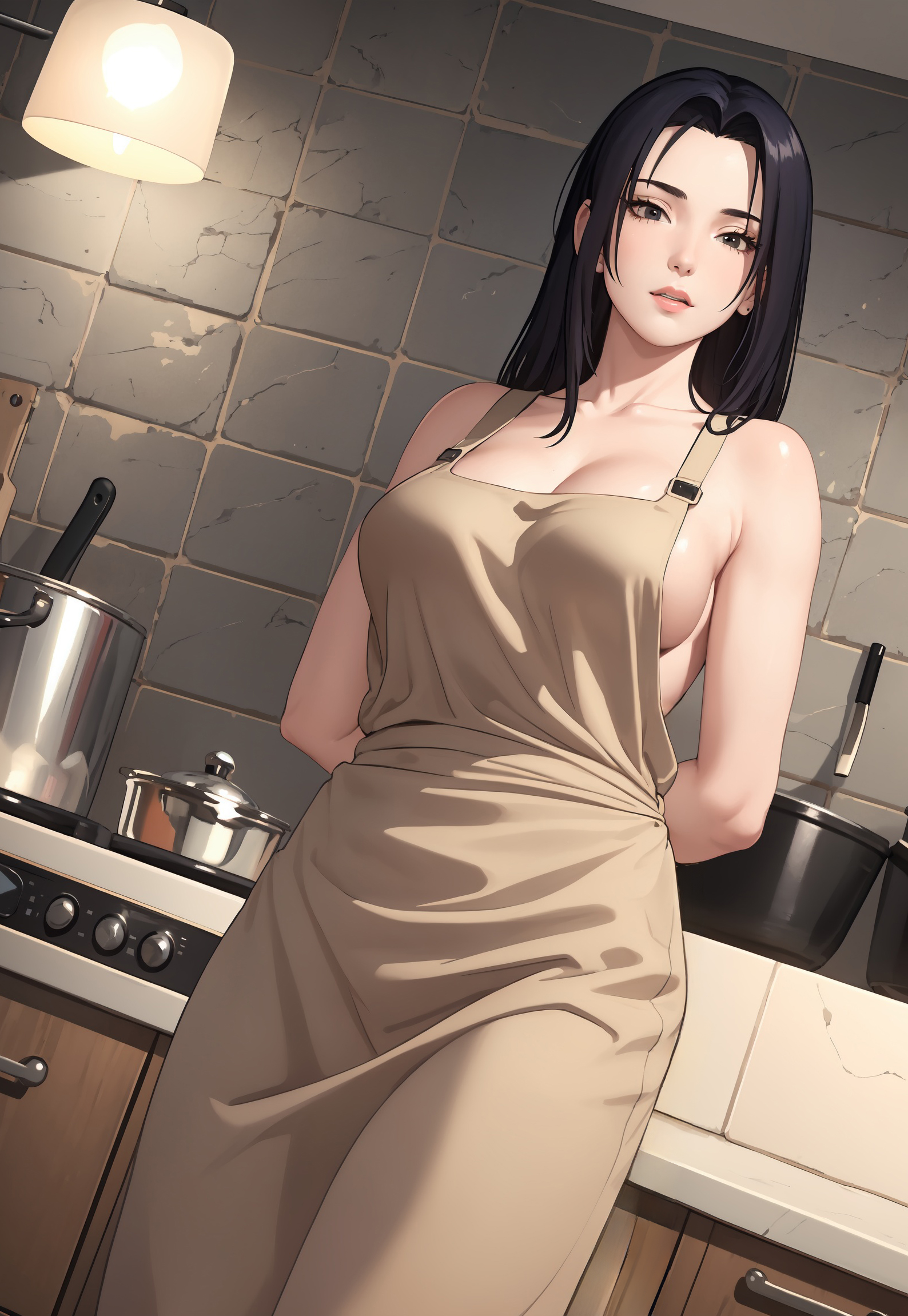 1girls, adjusting clothes, ai generated, alex-schura, almost naked, apron, apron only, arms behind back, barely clothed, big breasts, black eyes, black hair, breasts, cleavage, curvaceous, curvy, curvy body, curvy female, curvy figure, female, female only, functionally nude, hourglass figure, housewife, huge breasts, indoors, kitchen, large breasts, looking at viewer, mature, mature female, milf, mommy, mostly nude, nai diffusion, naked apron, naruto, naruto (classic), naruto (series), naruto shippuden, pinup, solo, solo focus, stable diffusion, teasing, uchiha mikoto, undressing, wife