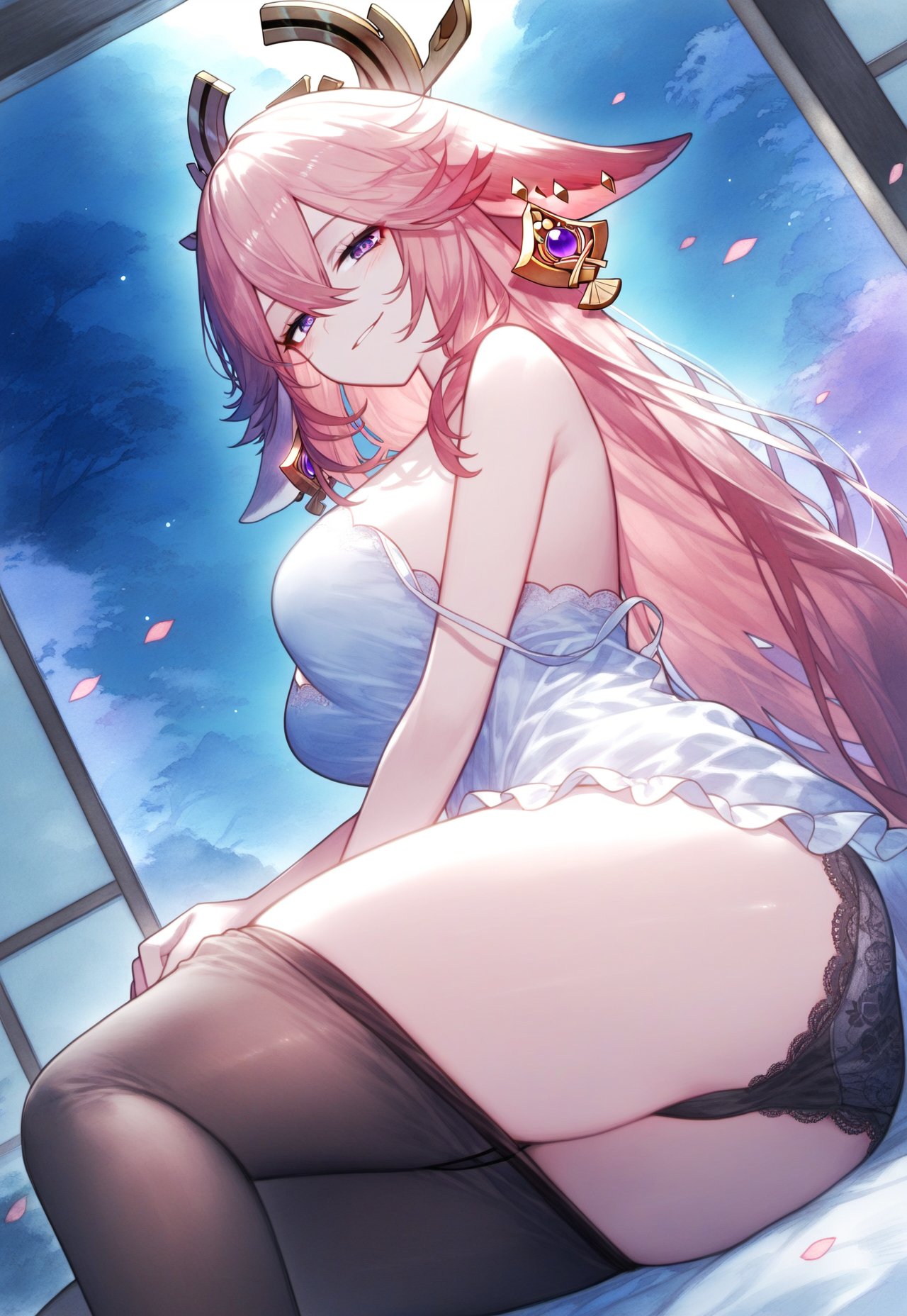 ai_generated ass bare_thighs big_breasts earrings furry_ears genshin_impact hoyoverse leggings leggings_down long_hair looking_at_viewer panties pants_down pants_removed pantyhose pantyhose_down pantyhose_removed pink_hair purple_eyes setsuaiart side_view sitting skirt skirt_up sleeveless_shirt slim_waist smiling_at_viewer thick_thighs viewed_from_below yae_miko