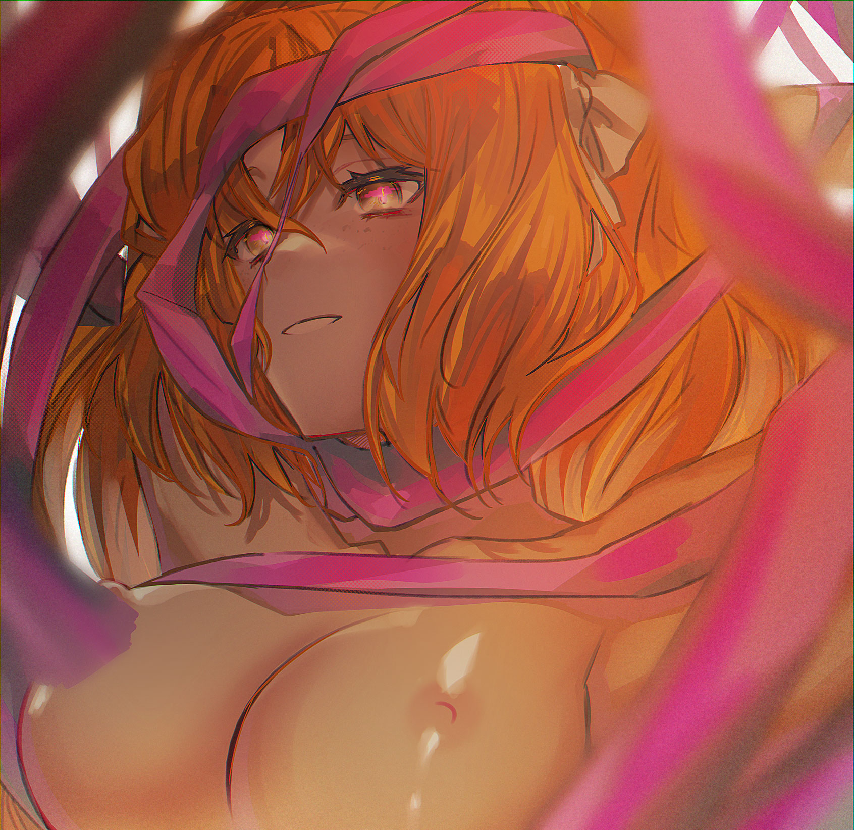 1girls, big breasts, bondage, breasts, close-up, female, ginger, ginger hair, hair ornament, ishmael (limbus company), limbus company, long hair, looking at viewer, nude, orange hair, pink eyes, pink shoes (limbus company), possessed, possession, project moon, roseate desire ishmael (limbus company), smile, stripes, very long hair
