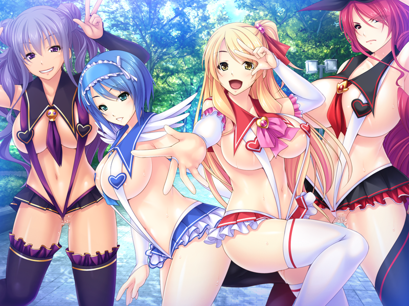 4girls blonde_hair blue_eyes blue_hair breasts censored clothing double_bun forest game_cg happy highres huge_breasts ishii_akira large_breasts legs long_hair looking_at_viewer mahou_kishi_pure_knights multiple_girls navel pink_eyes pink_hair purple_eyes purple_hair pussy pussy_juice short_hair skirt smile standing thighs trees wet yellow_eyes