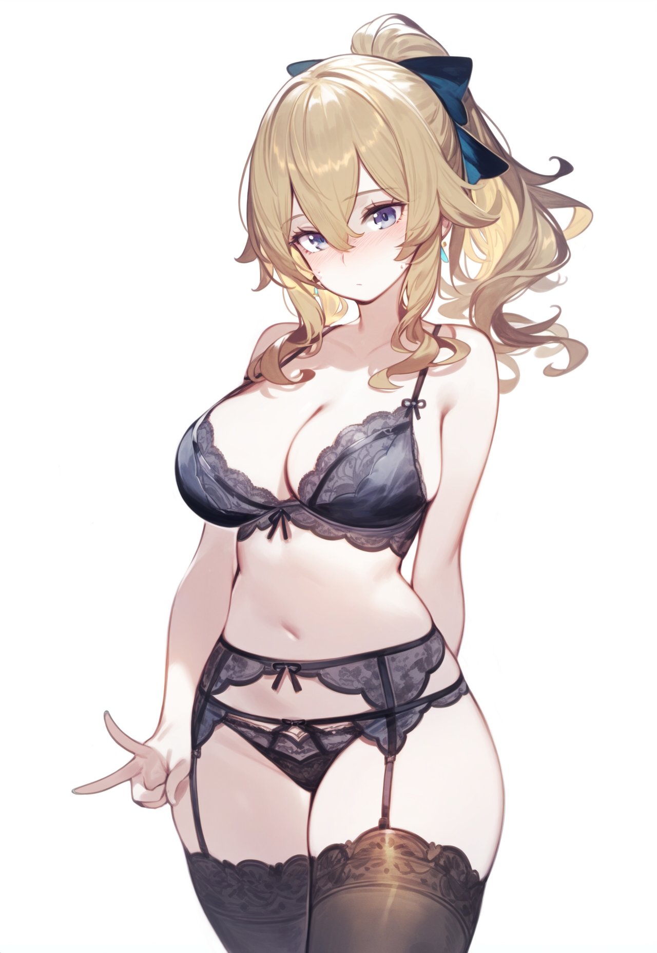 ai_generated belly_button big_ass big_breasts blonde_hair bra embarrassed embarrassed_female genshin_impact hair_ribbon hoyoverse jean_gunnhildr lingerie lingerie_only long_hair looking_at_viewer panties purple_eyes setsuaiart slim_waist stockings teenager thick_thighs thigh_highs thighhighs tied_hair underwear v_sign wide_hips