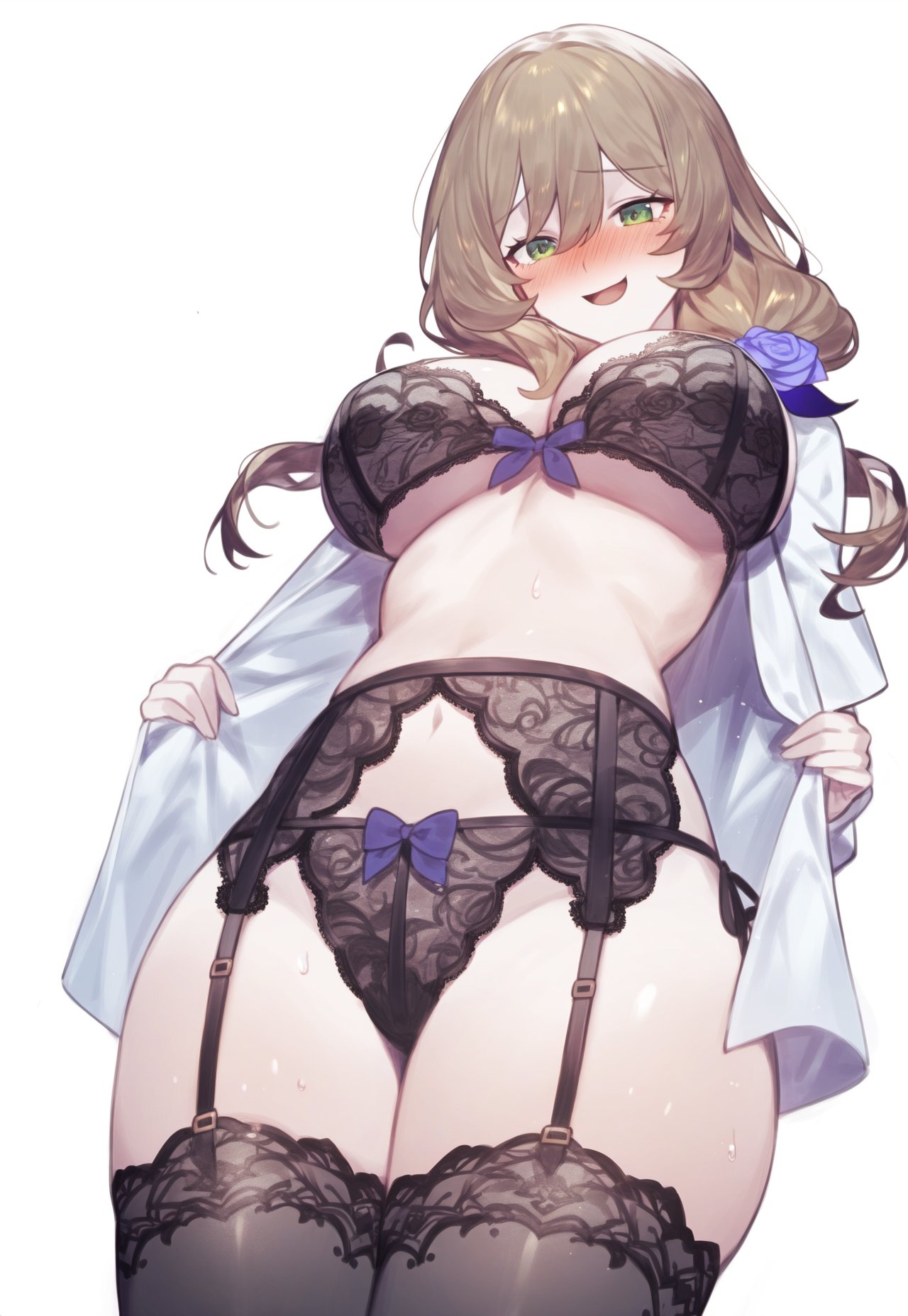 1girls, ai generated, belly button, big breasts, blush, bra, breasts, brown hair, female, female only, flower in hair, garter straps, genshin impact, green eyes, hair ornament, hoyoverse, huge breasts, lace trim, lace-trimmed thighhighs, large breasts, lingerie, lisa (genshin impact), long hair, looking at viewer, open clothes, open shirt, setsuaiart, slim waist, smiling at viewer, stockings, thick thighs, thigh highs, thighhighs, underboob, underwear, viewed from below, wet body, wet skin, white background, wide hips