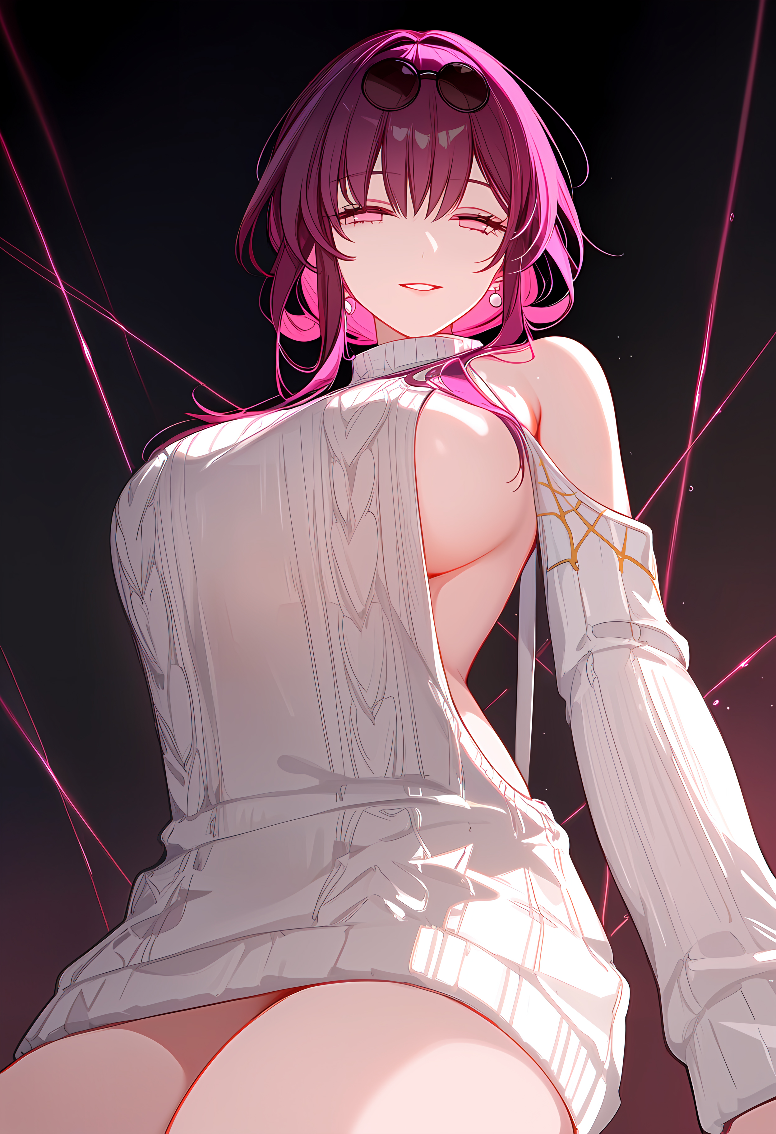 ai generated, big breasts, bob cut, breasts, earrings, female, gloves, glowing eyes, honkai: star rail, hoyoverse, kafka (honkai: star rail), límíng zhī xià, long hair, long sleeves, looking at viewer, purple eyes, purple hair, slim waist, smiling at viewer, sweater, thick thighs, tied hair, tummy, underboob, viewed from below, virgin killer sweater, wide hips
