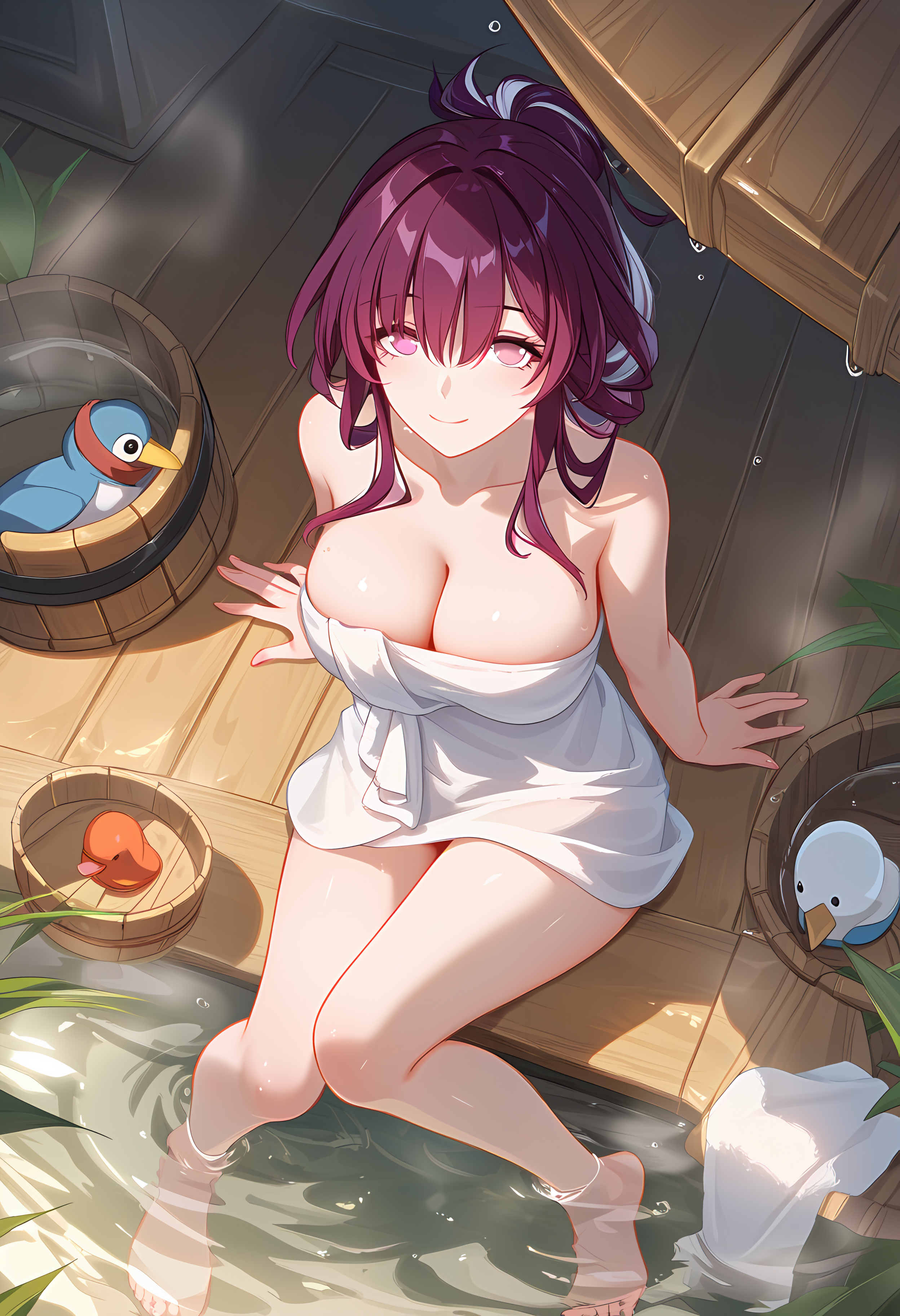ai generated, bare legs, barefoot, big breasts, bob cut, breasts, feet, female, glowing eyes, honkai: star rail, hoyoverse, kafka (honkai: star rail), límíng zhī xià, long hair, looking at viewer, pixiv, purple eyes, purple hair, sauna, slim waist, smiling at viewer, thick thighs, tied hair, towel, towel around waist, towel only, viewed from above, wide hips