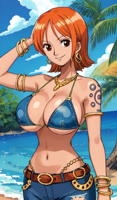 1girls ai_generated anime anime_girl big_breasts bikini_top bra female female_focus female_only nami nami_(one_piece) one_piece orange_hair pre-timeskip