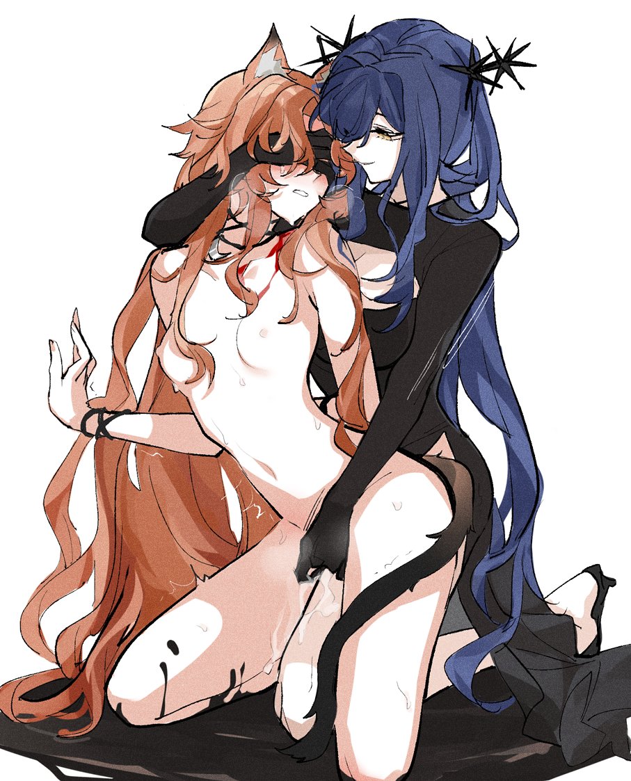 2girls animal_ears arcana_(reverse:1999) assertive_female black_shirt blue_hair breasts breasts_apart brown_hair cleavage cleavage_cutout clothed_female_nude_female clothing_cutout collarbone completely_nude druvis_iii fingering fox_ears fox_girl hand_up kneeling large_breasts long_hair long_sleeves multiple_girls nude parted_bangs pussy_juice rekka reverse:1999 shirt simple_background small_breasts trembling white_background yellow_eyes yuri