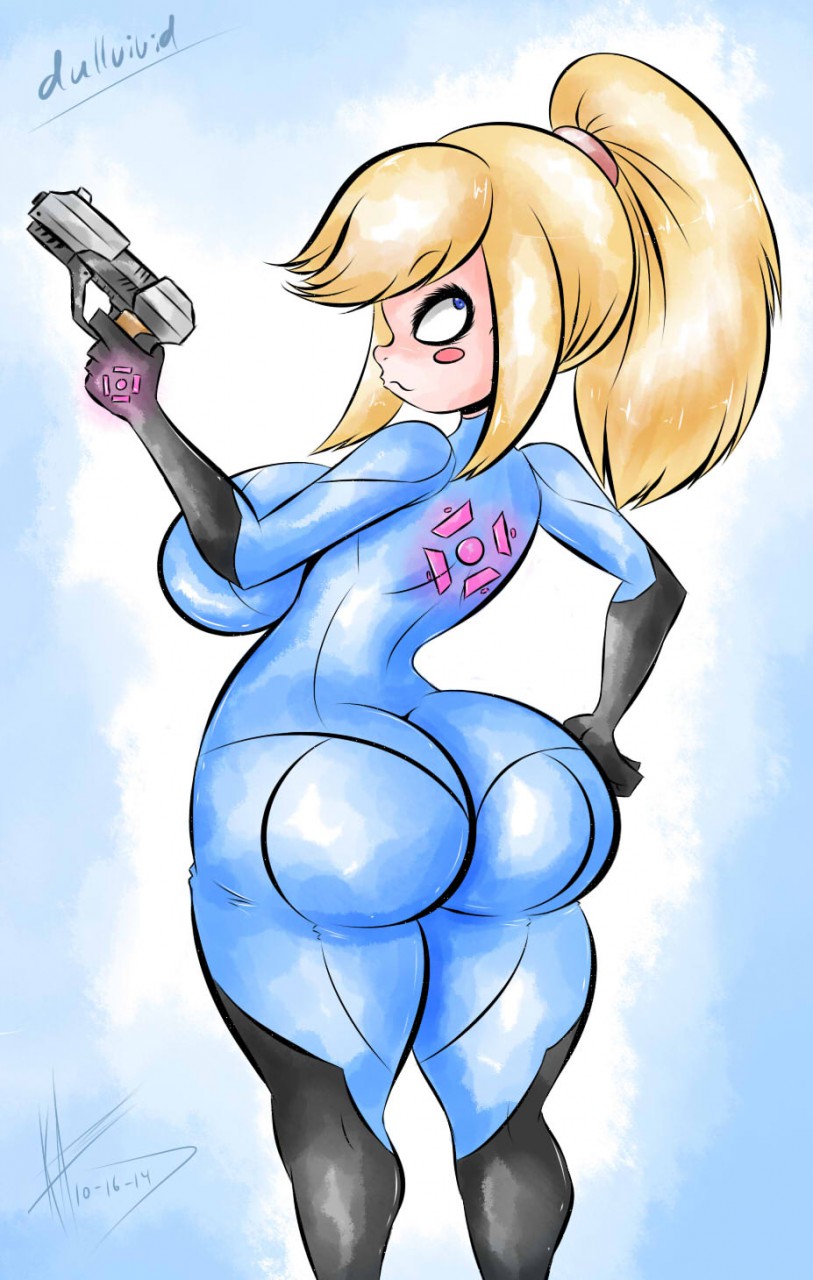 1girls, ass, big ass, big breasts, big butt, blonde hair, blue eyes, bodysuit, breasts, dullvivid, female, female only, huge ass, huge breasts, human, large breasts, metroid, nintendo, nipples, ponytail, samus aran, solo, tied hair, wide hips, zero suit, zero suit samus