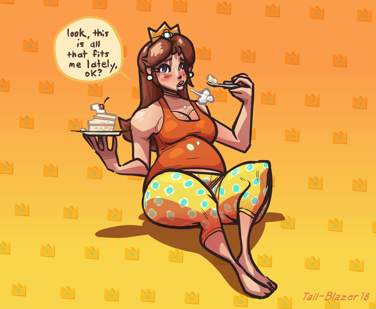 1girls 2019 belly brown_hair cake clothing crown fat fat_belly fat_woman food human human_only long_hair looking_at_viewer mario_(series) nintendo princess princess_daisy royalty solo solo_female solo_focus tagme tail-blazer weight_gain