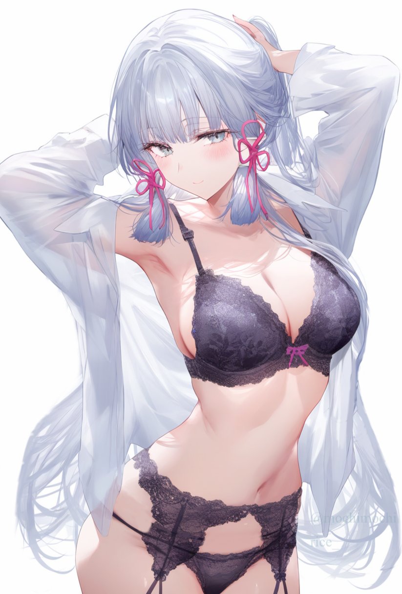1girls, ai generated, black bra, black underwear, blush, blushing at viewer, bra, breasts, female, female focus, female only, genshin impact, hands behind head, kamisato ayaka, lace, lace trim, lace-trimmed bra, lace-trimmed panties, large breasts, light skin, light-skinned female, long hair, looking at viewer, mochimochirice, panties, ponytail, posing, posing for the viewer, shirt, shirt open, silver hair, smile, smiling, smiling at viewer, tagme, underwear, white background, white hair, wide hips