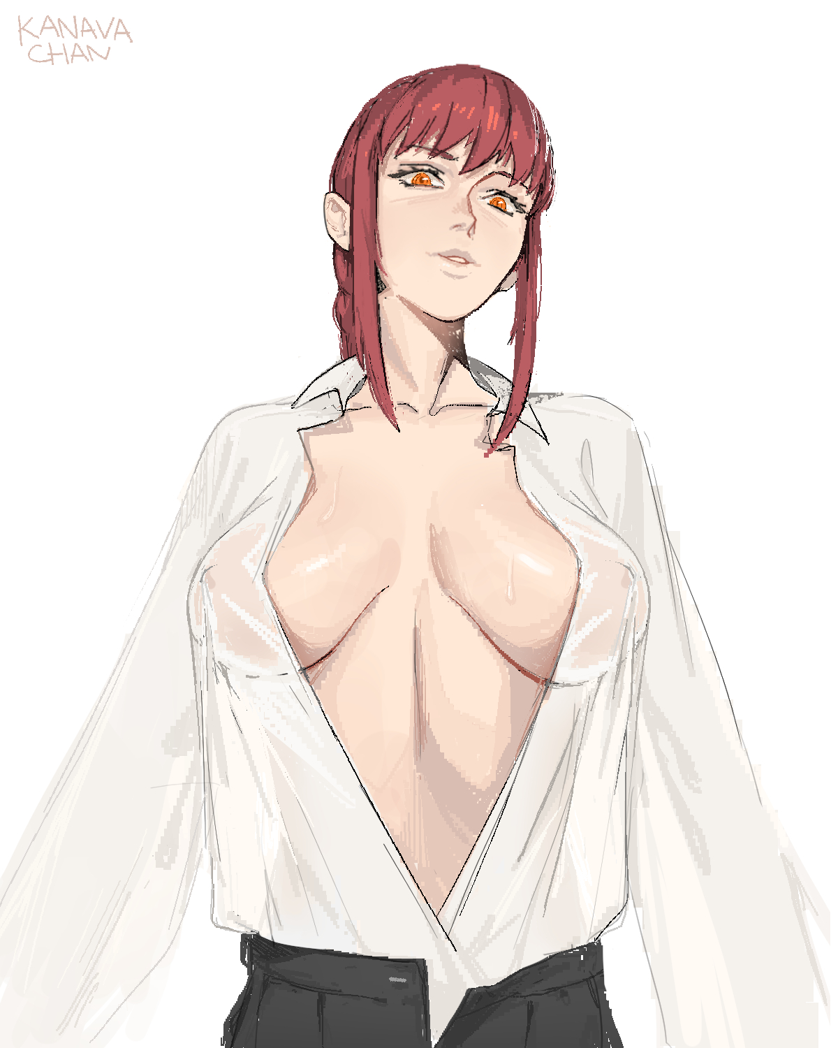 1girls, breasts, breasts apart, chainsaw man, cleavage, female, female only, kanavachan, makima (chainsaw man), medium breasts, no bra, open shirt, orange eyes, red hair, sagging breasts, solo, white background