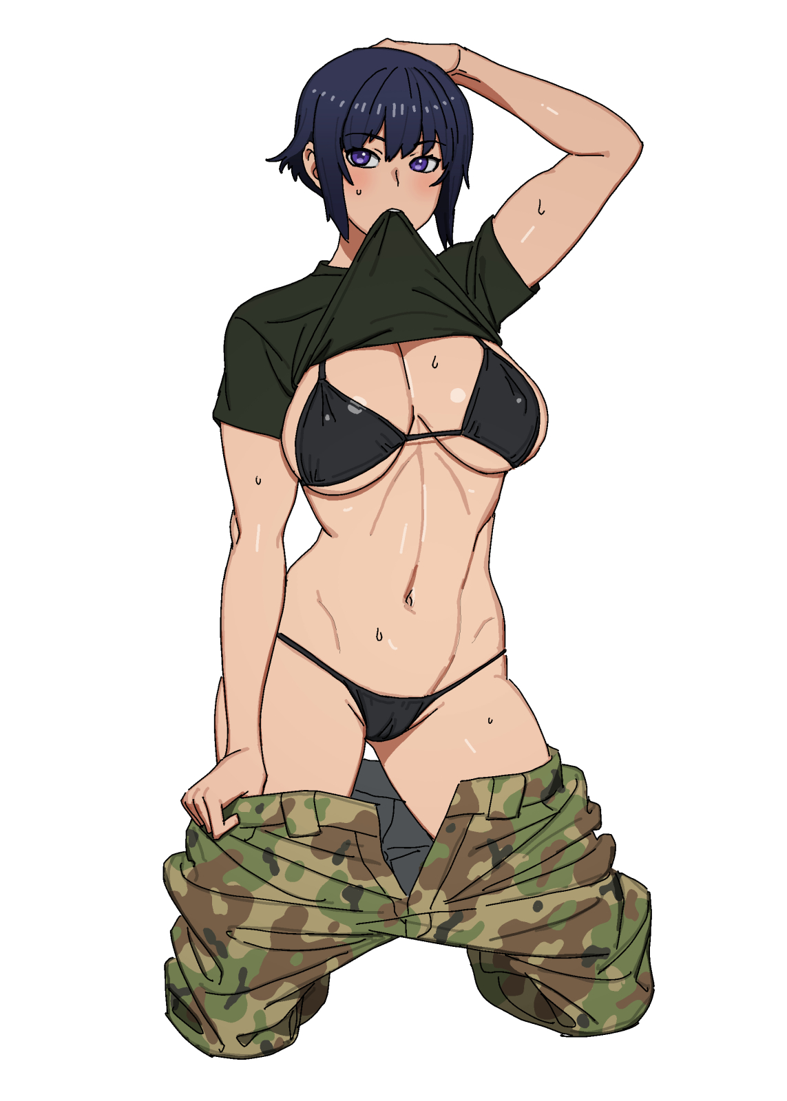 1girls, bikini, breasts, cameltoe, cleavage, female, kneeling, large breasts, onsen tamago (hs egg), pussy, short hair, sweat, undressing, uniform