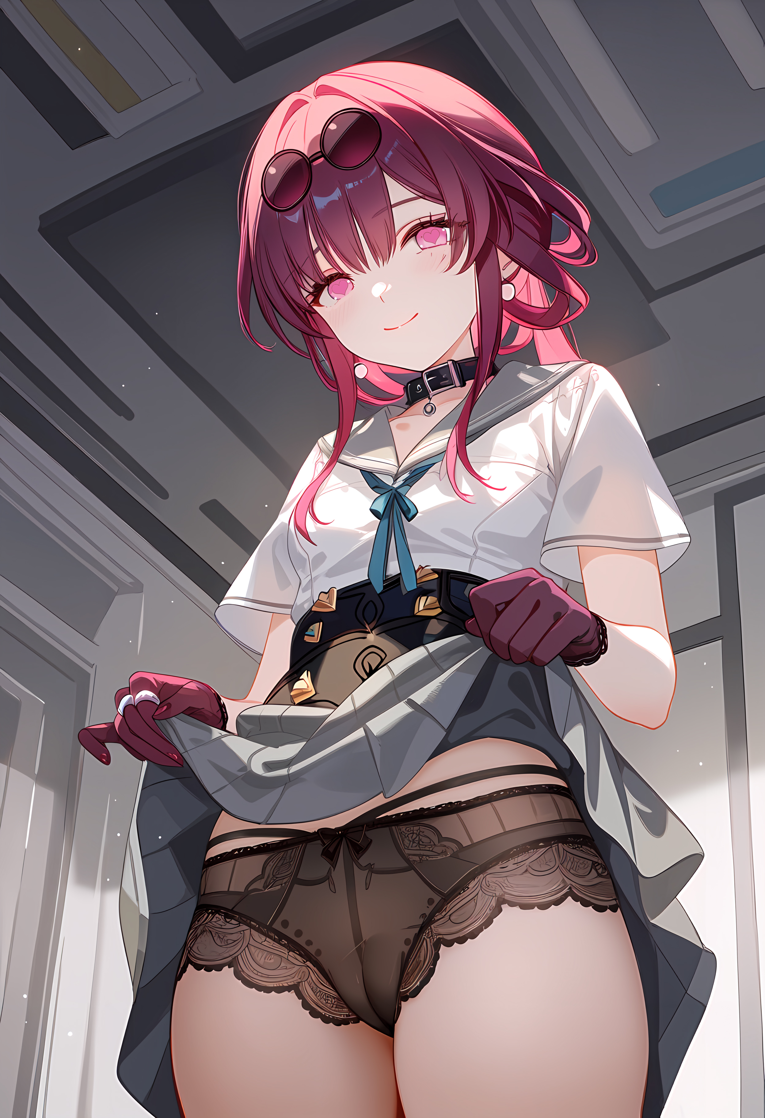 aged down, ai generated, ass, blush, breasts, cameltoe, choker, female, gloves, glowing eyes, honkai: star rail, hoyoverse, kafka (honkai: star rail), límíng zhī xià, long hair, long sleeves, looking at viewer, panties, pants, pixiv, portrait, purple eyes, purple hair, pussy, school uniform, schoolgirl, schoolgirl uniform, see-through, see-through clothing, see-through panties, skirt, skirt lift, skirt up, slim waist, small breasts, smiling at viewer, teenager, thighs, tied hair, viewed from below