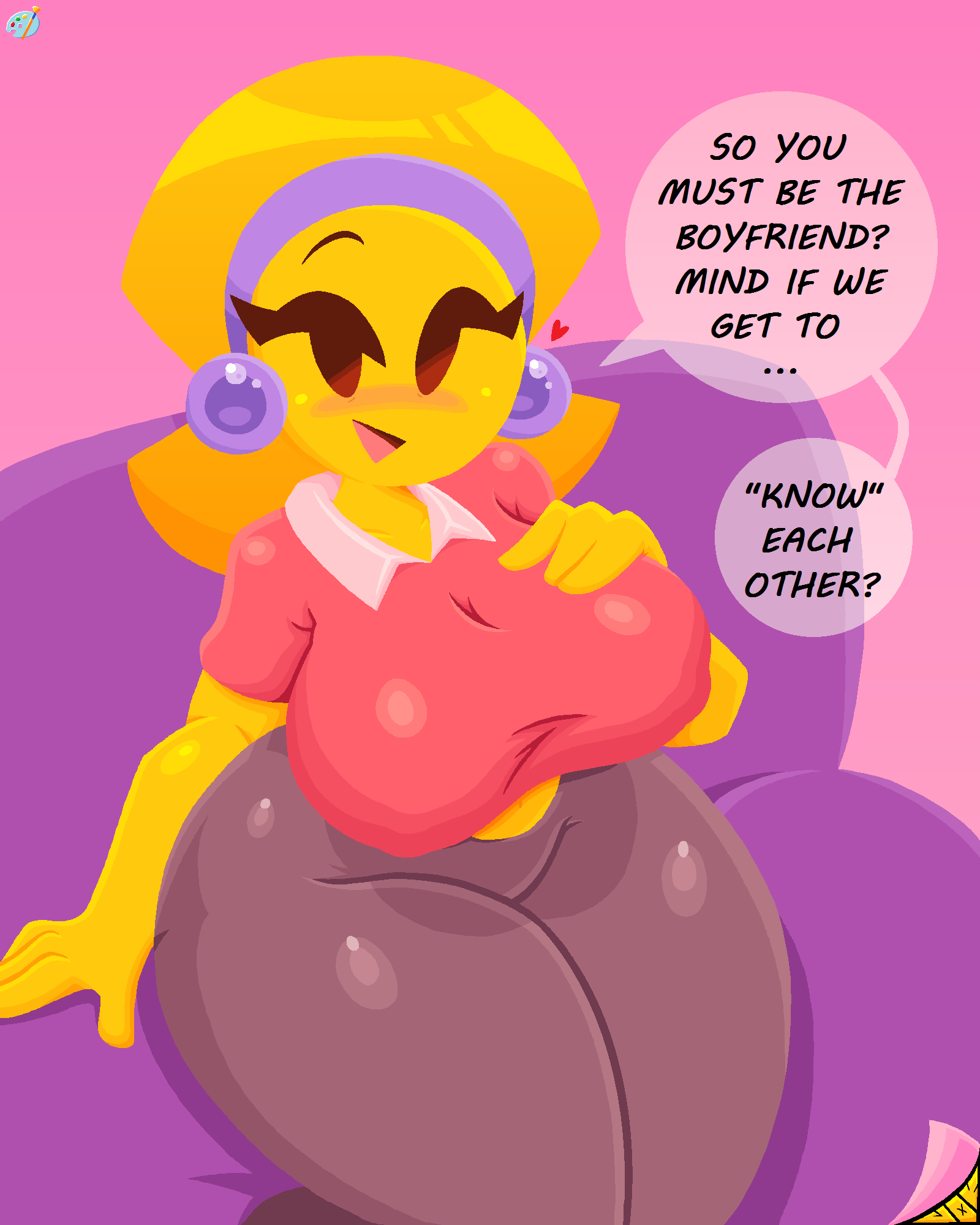 1girls boobs breasts emoji emoji_(race) emoji_milf emojifam_(sssir8) female hand_on_breast jjoyplus milf mother no_outlines purple_headwear red_shirt sitting_on_person text text_bubble thick_thighs tits yellow_body yellow_skinrnemoji