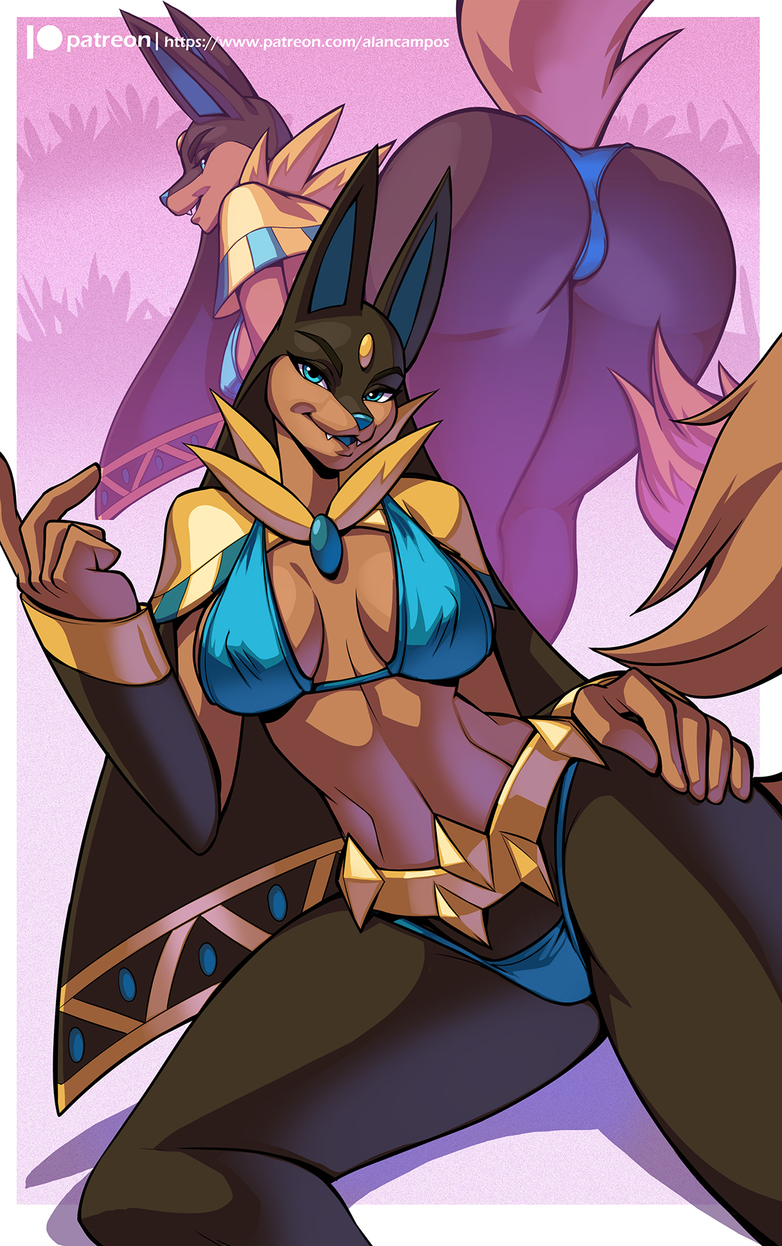 absurd res, alanscampos, anthro, anubian jackal, anubis, anubis (pal), armwear, ass, big ass, big breasts, big thighs, bikini, blue eyes, breasts, canid, canine, canis, clothing, female, female only, fur, furry, genitals, hi res, huge ass, huge thighs, looking at viewer, pal (species), palworld, pocketpair, pussy, simple background, smile, solo, squish, tagme, thick hips, thick thighs, thighs, wide hips