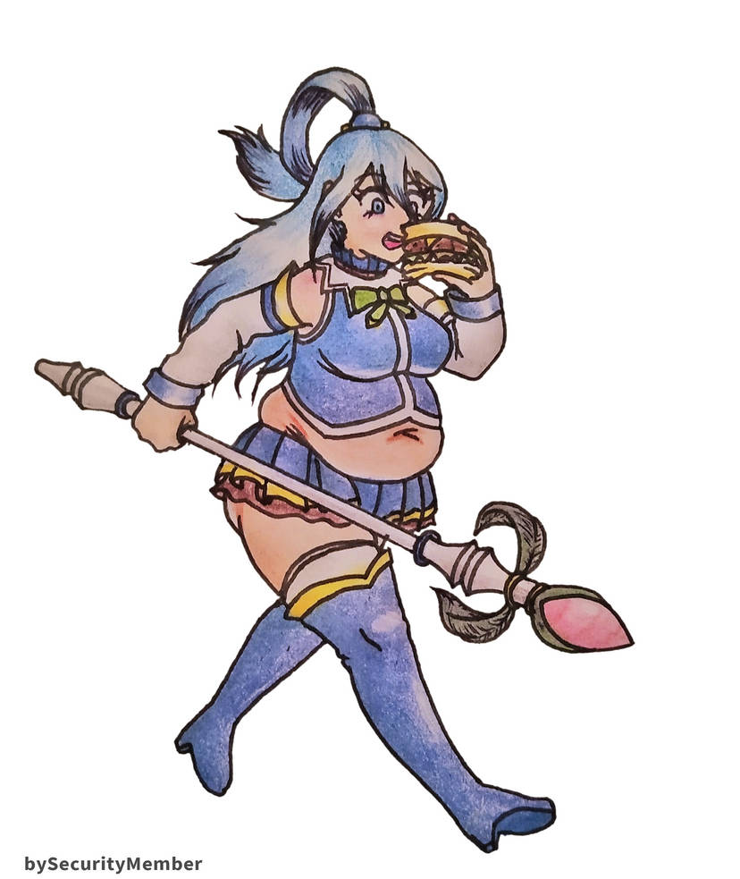 1girls aqua_(konosuba) burger chubby chubby_female eating fat fat_female female female_only kono_subarashii_sekai_ni_shukufuku_wo! sandwich securitymember sequence solo weight_gain
