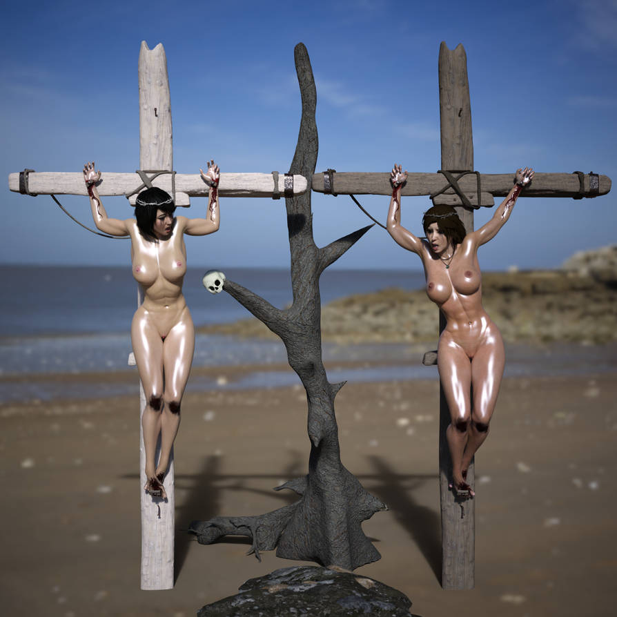 2girls 3d black_hair blood brown_hair crown_of_thorns crucifixion hlt1w lara_croft lara_croft_(survivor) large_breasts multiple_girls nailed_to_cross nude nude_female running_mascara runny_makeup samantha_nishimura skull tomb_raider tomb_raider_(survivor)