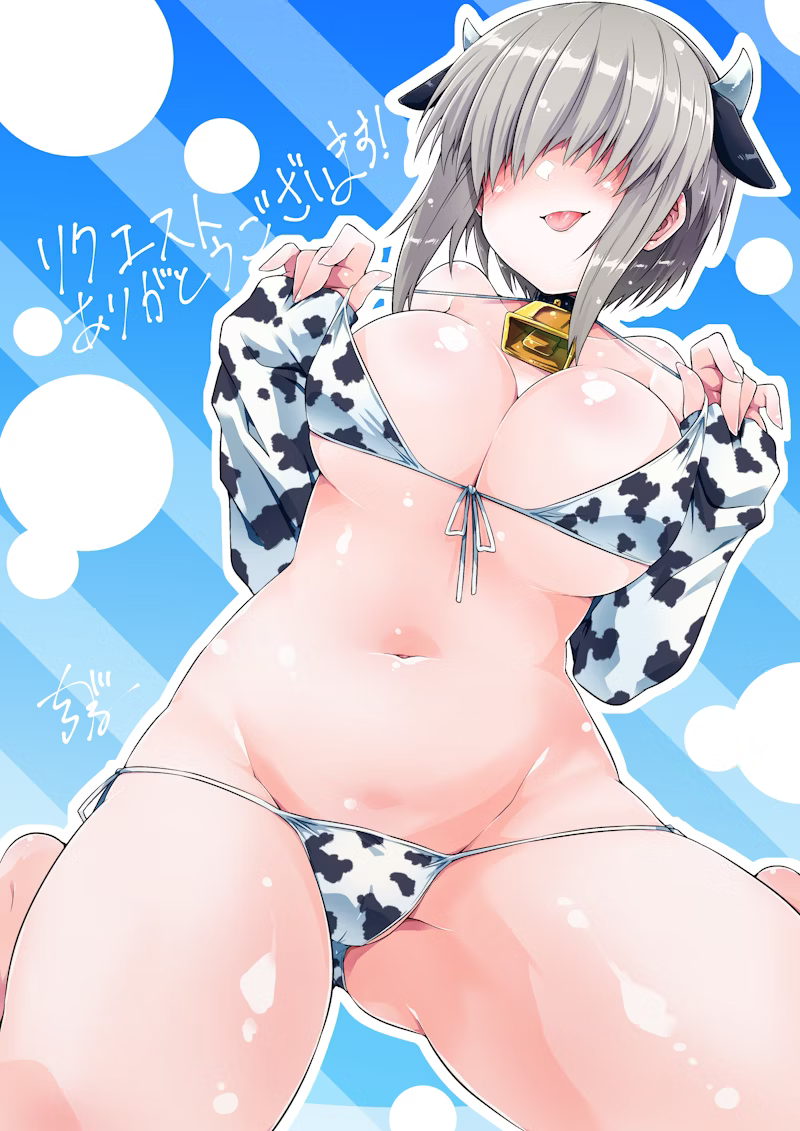 adjusting_clothes adjusting_swimsuit animal_ears animal_print artist_name bell bikini black_bikini black_collar black_gloves blue_background blush breasts breasts_squeezed_together cameltoe circle cleavage collar commentary commission cow_ears cow_girl cow_horns cow_print cow_print_bikini cow_print_gloves cowbell elbow_gloves female female fingerless_gloves from_below front-tie_bikini_top front-tie_top gloves groin hair_over_eyes halterneck horns kneeling large_breasts long_bangs lowleg lowleg_bikini navel neck_bell outline print_bikini print_gloves shirogane_(cufsser) short_hair sidelocks signature skeb_commission solo swimsuit tongue tongue_out translated two-tone_bikini two-tone_gloves underboob uzaki-chan_wa_asobitai! uzaki_yanagi w_arms white_background white_bikini white_gloves white_outline