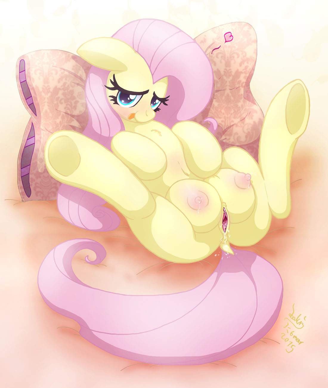 2015 above_average_crotchboobs anus areola big_breasts blush breasts crotchboobs dock equine erect_nipples female feral fluttershy_(mlp) friendship_is_magic fur hair heart joakaha mammal my_little_pony nipples pink_hair pussy smile solo teal_eyes underhoof yellow_fur