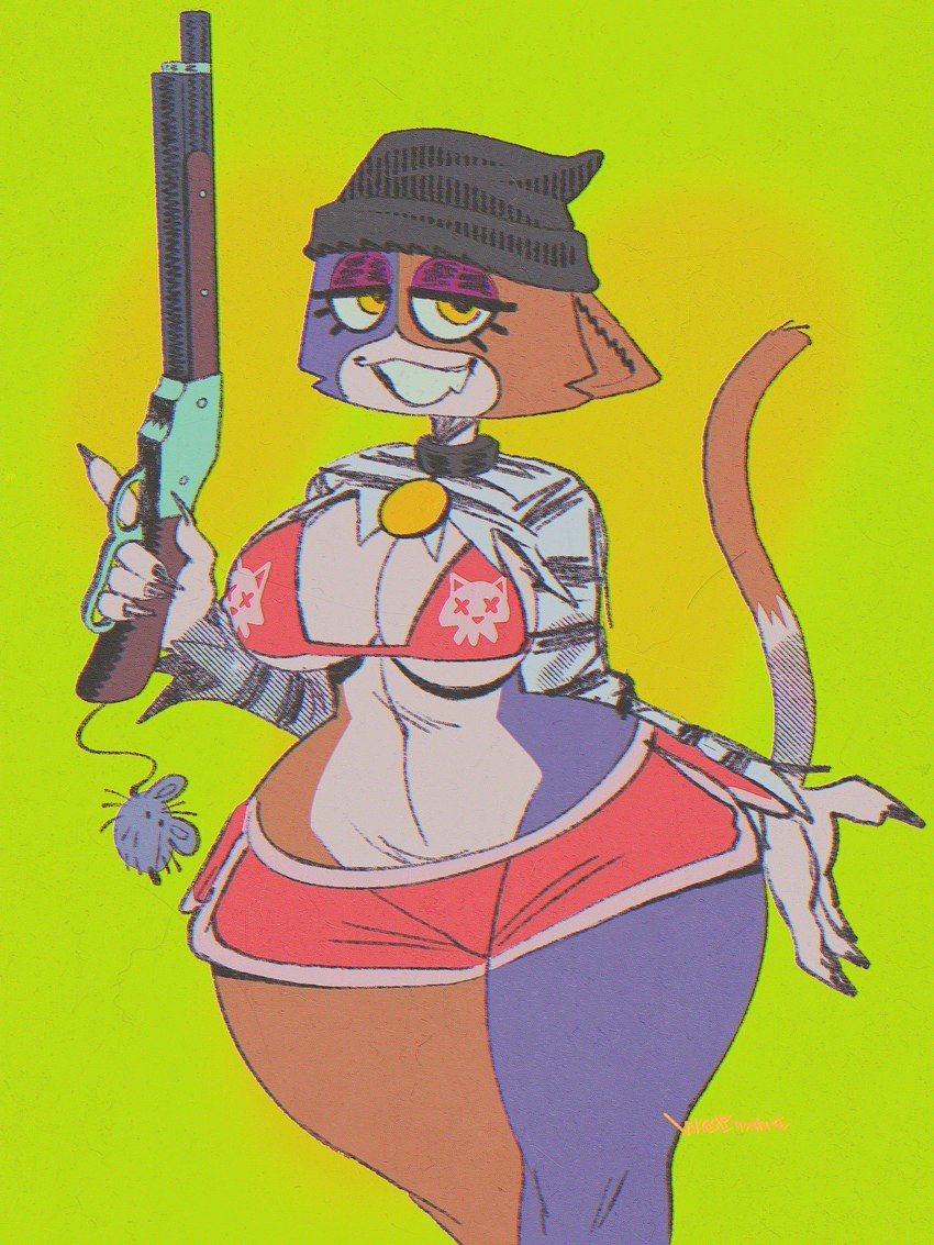 1girl 1girls 2023 2023s 3:4 anthro beanie beanie_hat belly_button big_ass big_breasts bikini_top black_beanie blue_body blue_fur booty_shorts breasts brown_body brown_fur calico_cat claws clothed collar curvy_female curvy_figure domestic_cat ear_piercing epic_games eyebrows eyelashes eyeshadow felid feline felis female female_focus female_only firearm fish_hook_piercing fortnite fortnite:_battle_royale furry furry_only grey_body grey_fur gun half-closed_eyes hat hi_res huge_thighs lever_action_rifle looking_at_viewer mammal meow_skulls_(fortnite) meowskulls navel nipple_bulge nude pear_shaped portrait prison_uniform sharp_claws short_shorts shorts signature small_clothes smiling solo tagme tan_body tan_fur thick_thighs three-quarter_portrait voluptuous wide_hips wolftang yellow_eyes