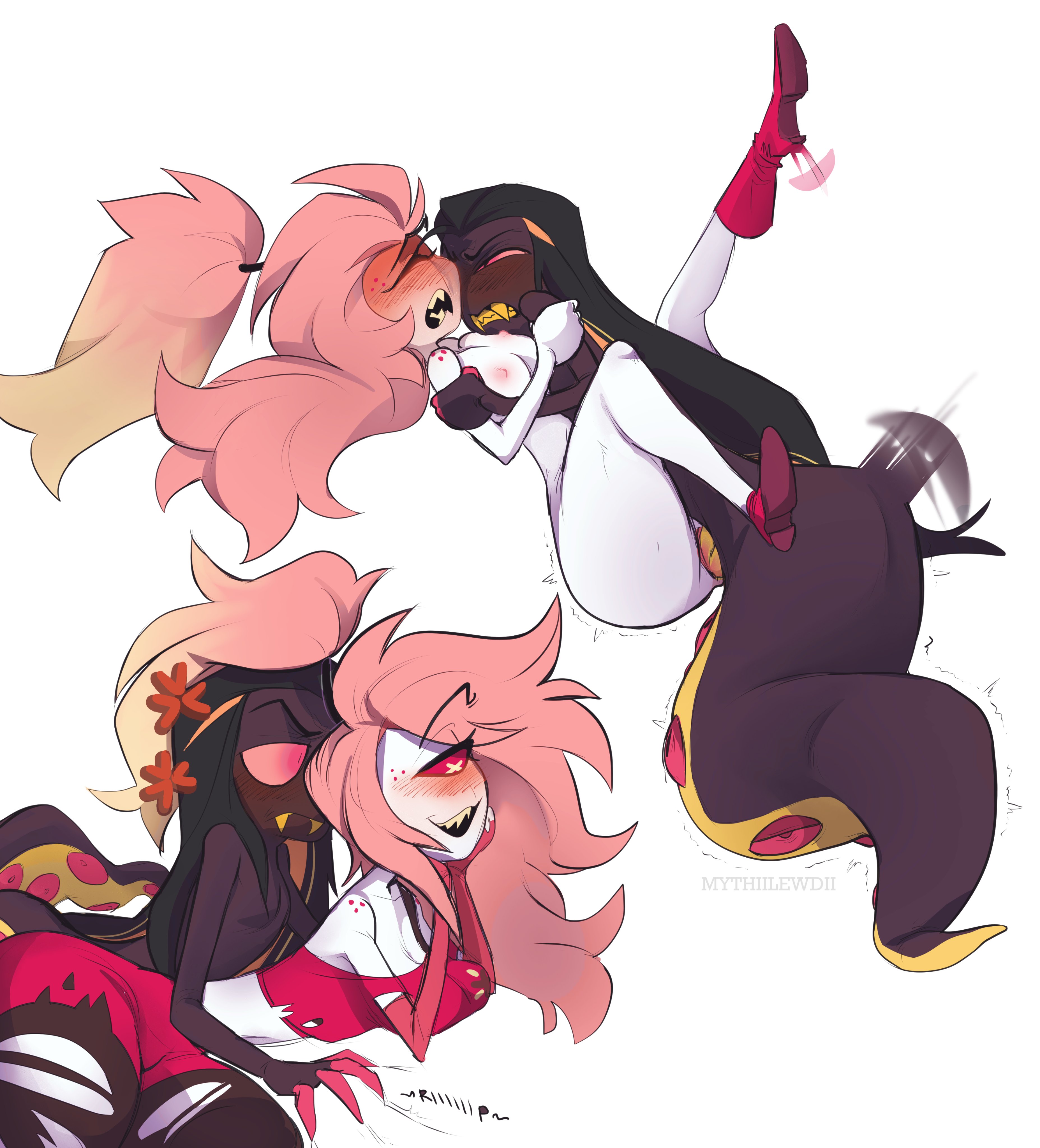 blush, cherri bomb (hazbin hotel), cyclops, female, hazbin hotel, romantic couple, rough sex, sir pentious (hazbin hotel), snake, wholesome sex