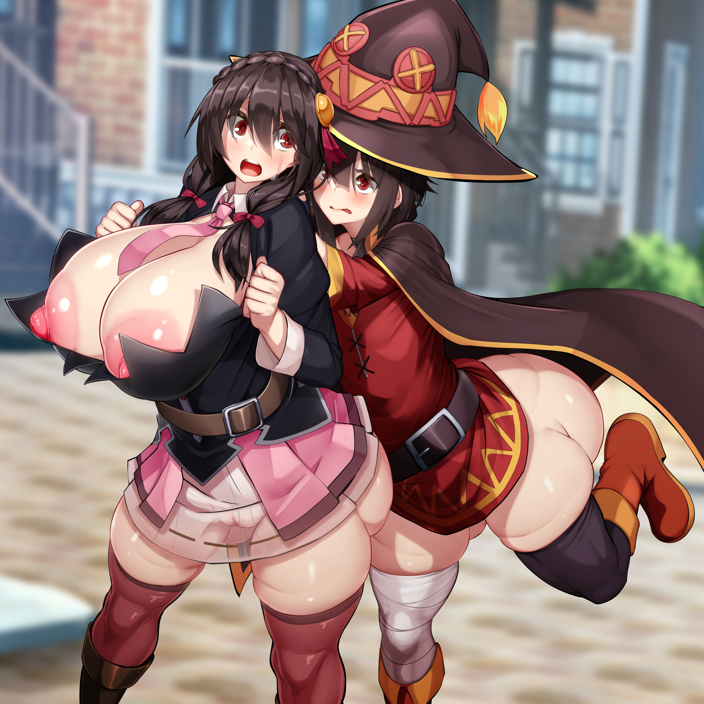 2girls, areolae, ass, big ass, big breasts, bottom heavy, breasts, female, female only, huge ass, huge breasts, kawahagitei, kono subarashii sekai ni shukufuku wo!, large breasts, megumin, multiple females, multiple girls, nipples, no panties, small breasts, yunyun (konosuba)