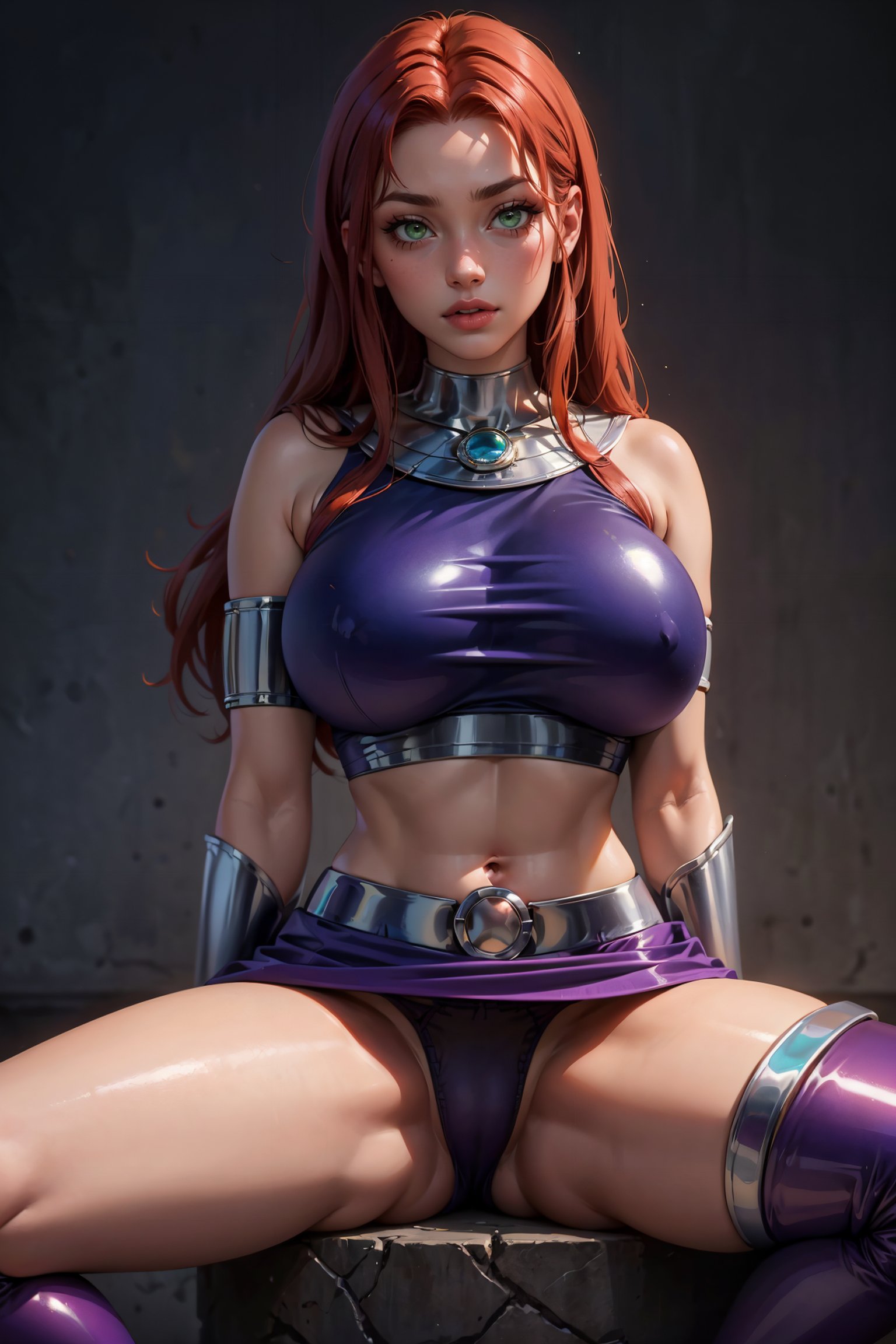 1girls, ai generated, alien girl, big breasts, breasts, covered nipples, dc, dc comics, female, green eyes, huge breasts, league69, legs apart, long hair, looking at viewer, panties, red hair, showing panties, sitting, skirt, solo, spread legs, starfire, teen titans, thighhighs, thighs