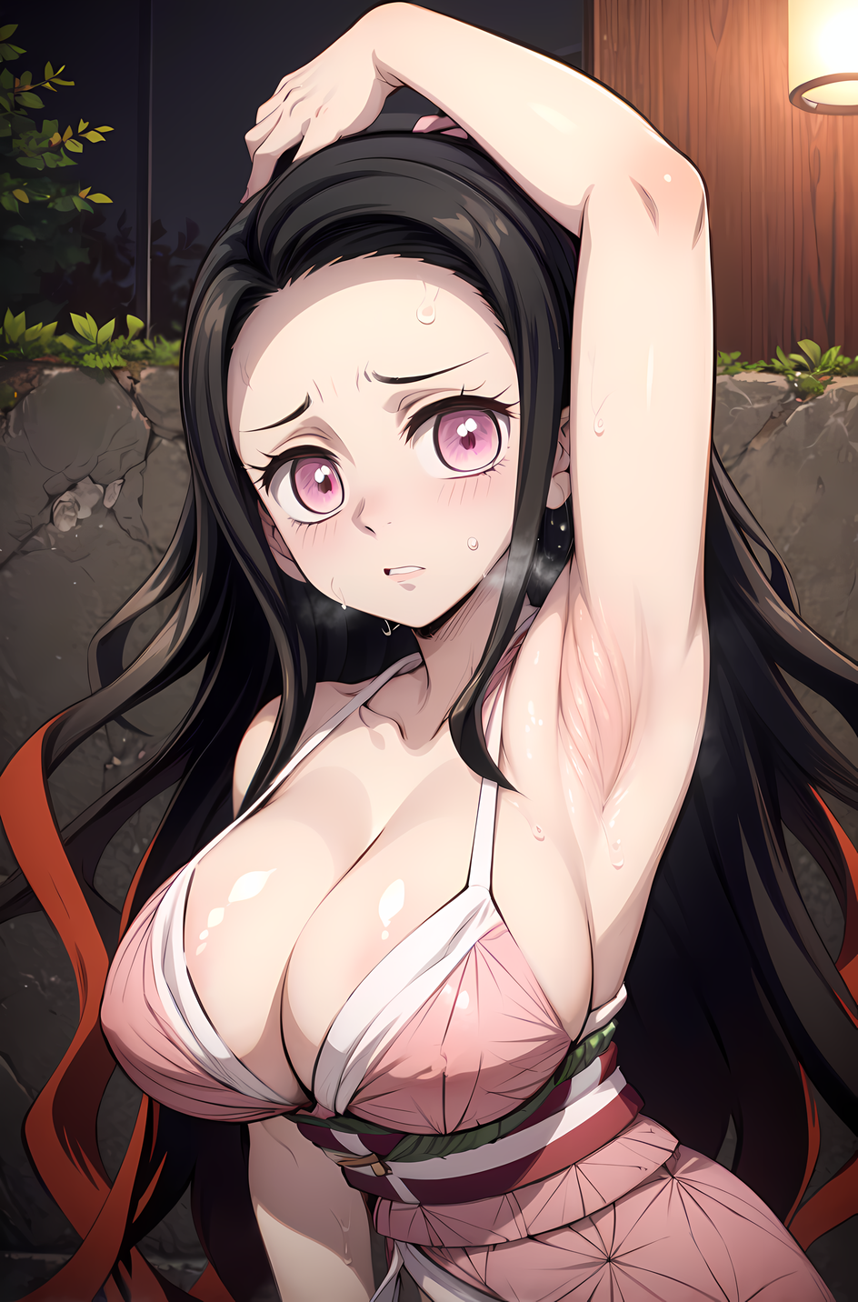 1girls ai_generated alternate_breast_size armpit_fetish armpits arms_up black_hair blush cleavage demon_slayer embarrassed female female_only foopanthia hair_ornament hi_res highres huge_breasts japanese_clothes kamado_nezuko kimetsu_no_yaiba kimono light-skinned_female long_hair open_mouth pink_eyes presenting presenting_armpit sweat sweaty