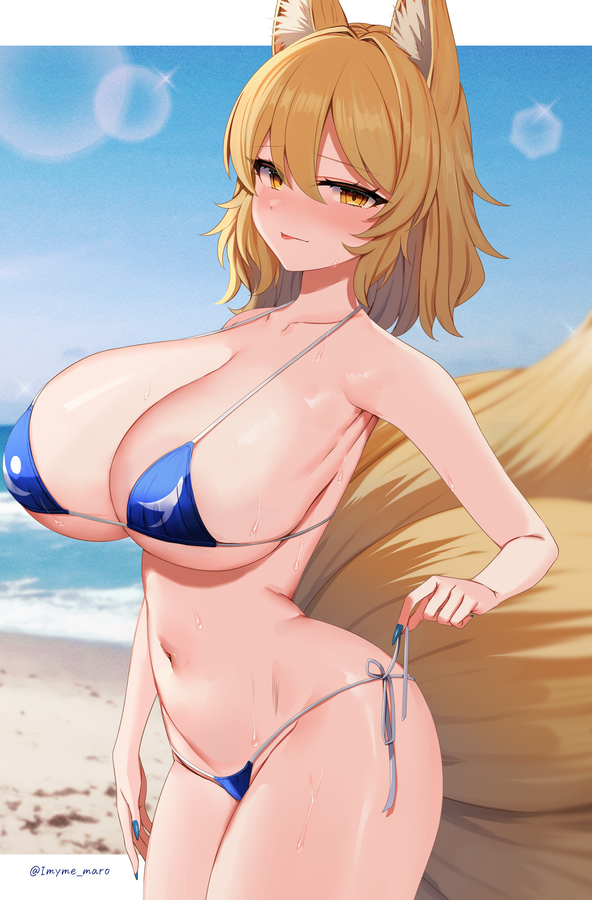 1girls animal_ears bare_shoulders beach big_breasts bikini blonde_hair blue_bikini blue_nails blush breasts cleavage closed_mouth collarbone female fox_ears fox_girl fox_tail huge_breasts large_breasts looking_at_viewer marota marota_(imyme_maro) medium_hair nail_polish navel outdoors ran_yakumo side-tie_bikini_bottom sideboob smile solo swimsuit tagme tail tongue tongue_out touhou underboob water yakumo_ran