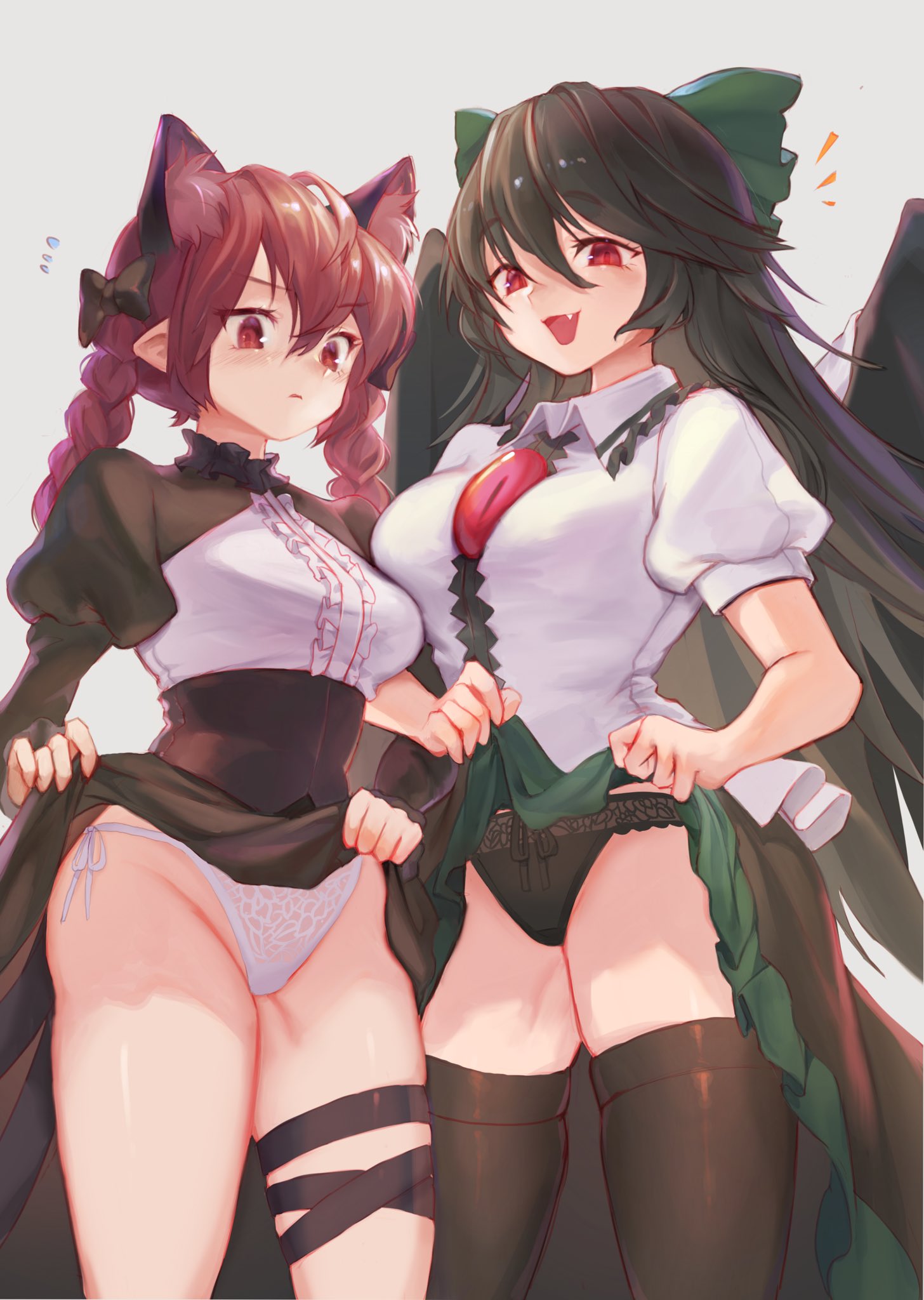 2girls 3_eyes animal_ears big_breasts black_bow black_hair black_panties black_thighhighs blush bow braid breasts cat_ears cat_girl center_frills dress frilled_dress frills frown green_bow hairbow large_breasts lifted_by_self long_hair low_twin_braids medium_breasts multi_eye multiple_girls open_mouth panties pointy_ears presenting puffy_sleeves red_eyes red_hair revealing_panties rhea_(artist) rin_kaenbyou shirt shy simple_background skindentation tail teeth thighhighs thighs touhou twin_braids underwear utsuho_reiuji white_background white_panties white_shirt wings